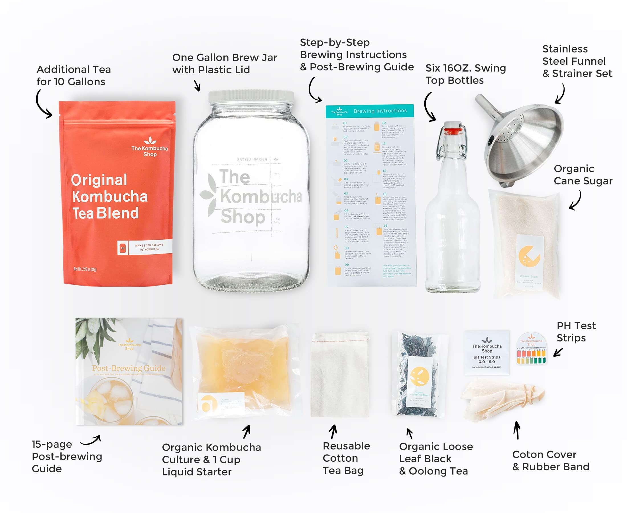 Premium Kombucha Brewing Kit - Includes 6 Swing Top Bottles, Stainless Steel Funnel, Custom Brush & Tea for 10 Gallons | Home Brewing Starter Set for Healthy Probiotic Drinks | Perfect for Beginners & Kombucha Enthusiasts
