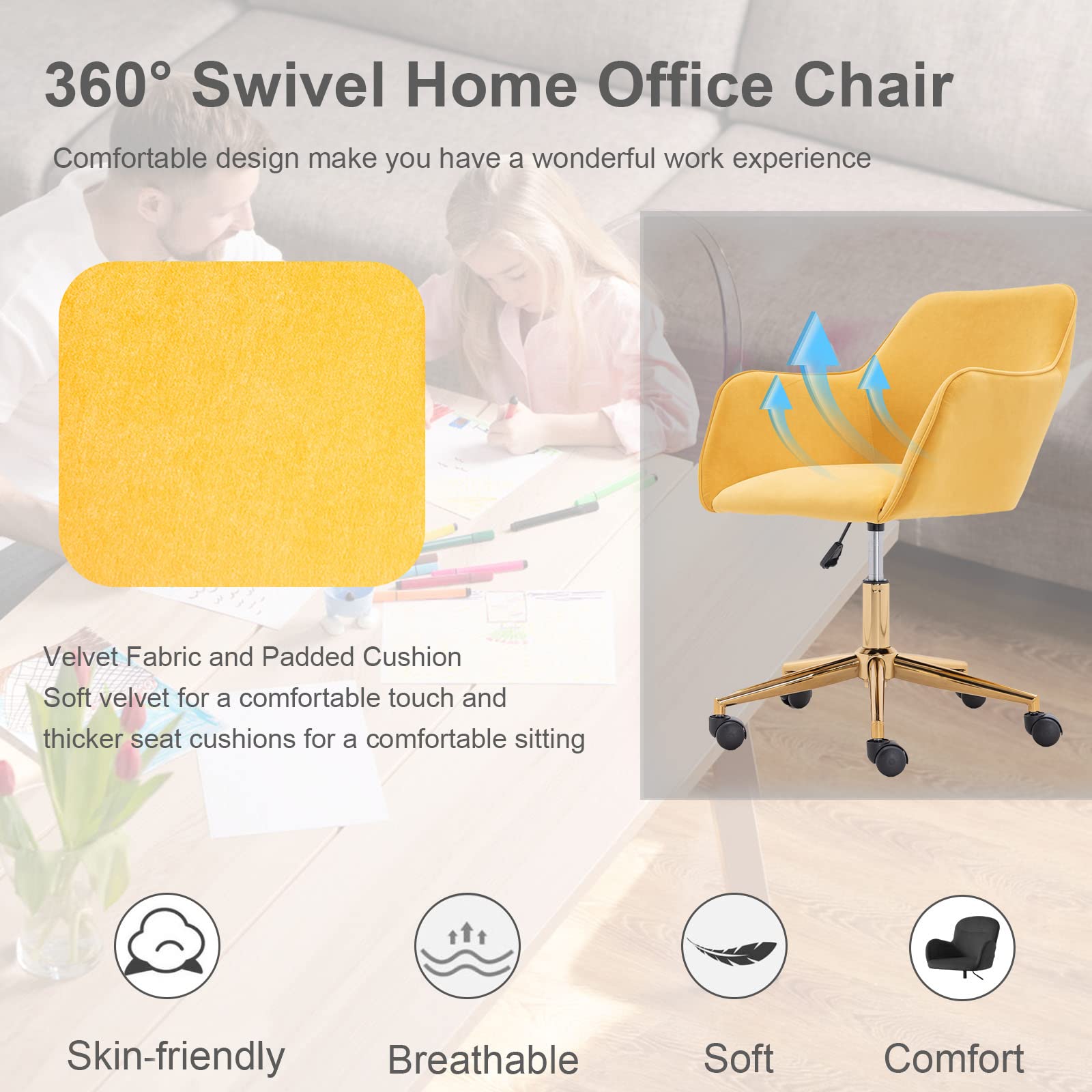 Yoluckea Modern Velvet Home Office Chair - Adjustable Swivel Desk Chair with Ergonomic Support for Women & Teens, Soft Upholstered Task Chair for Living Room, Bedroom or Vanity (Yellow) - Perfect for Remote Work, Online Classes & Home Office Setup