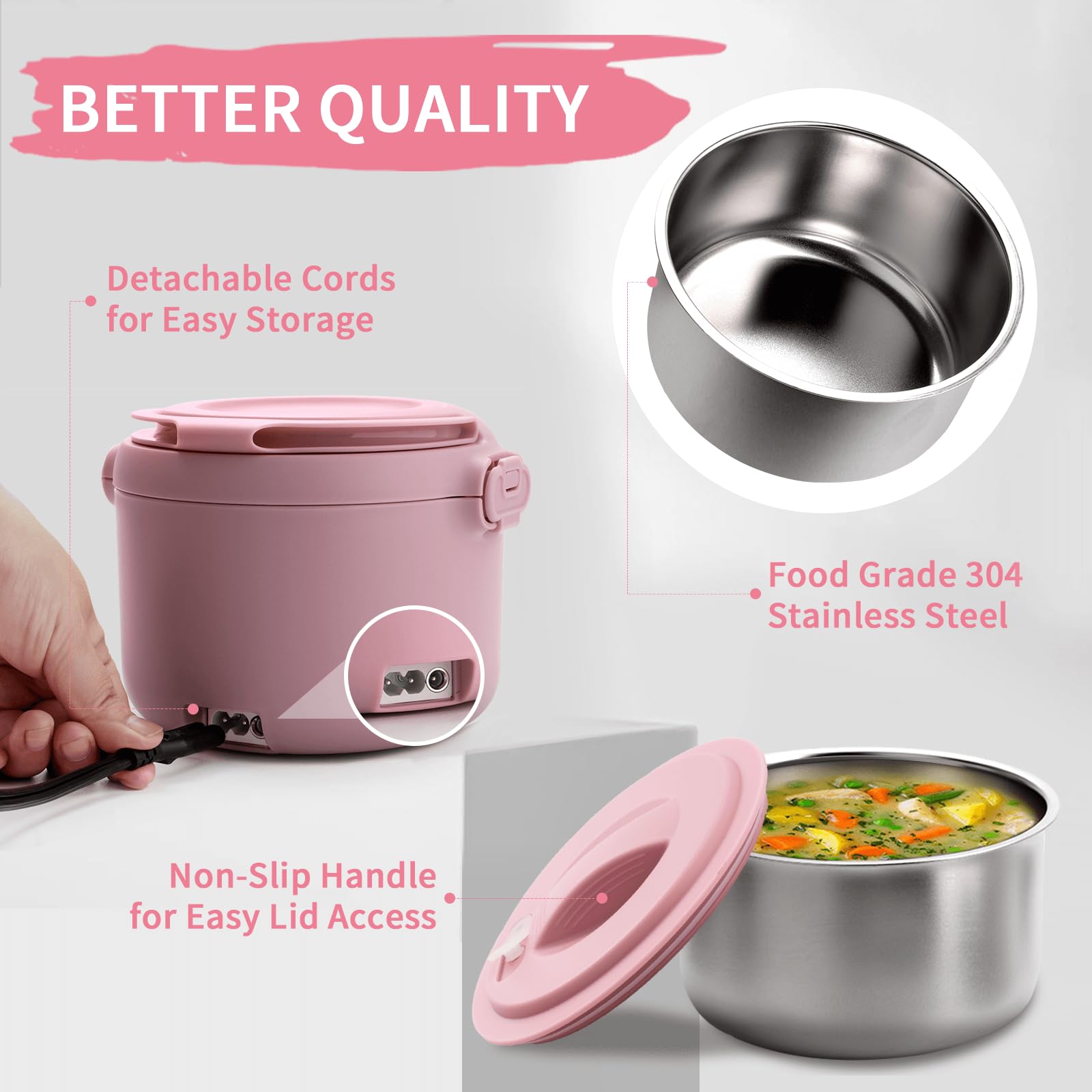 Aotto 32oz Electric Lunch Box - Portable Food Warmer for Office, Car & Travel - 12V/24V/110V 3-in-1 Heater - Leak-Proof Soup & Meal Warmer - Perfect Gift for Men & Women (Pink) - Ideal for Commuting, Road Trips & Workplace Lunch Heating