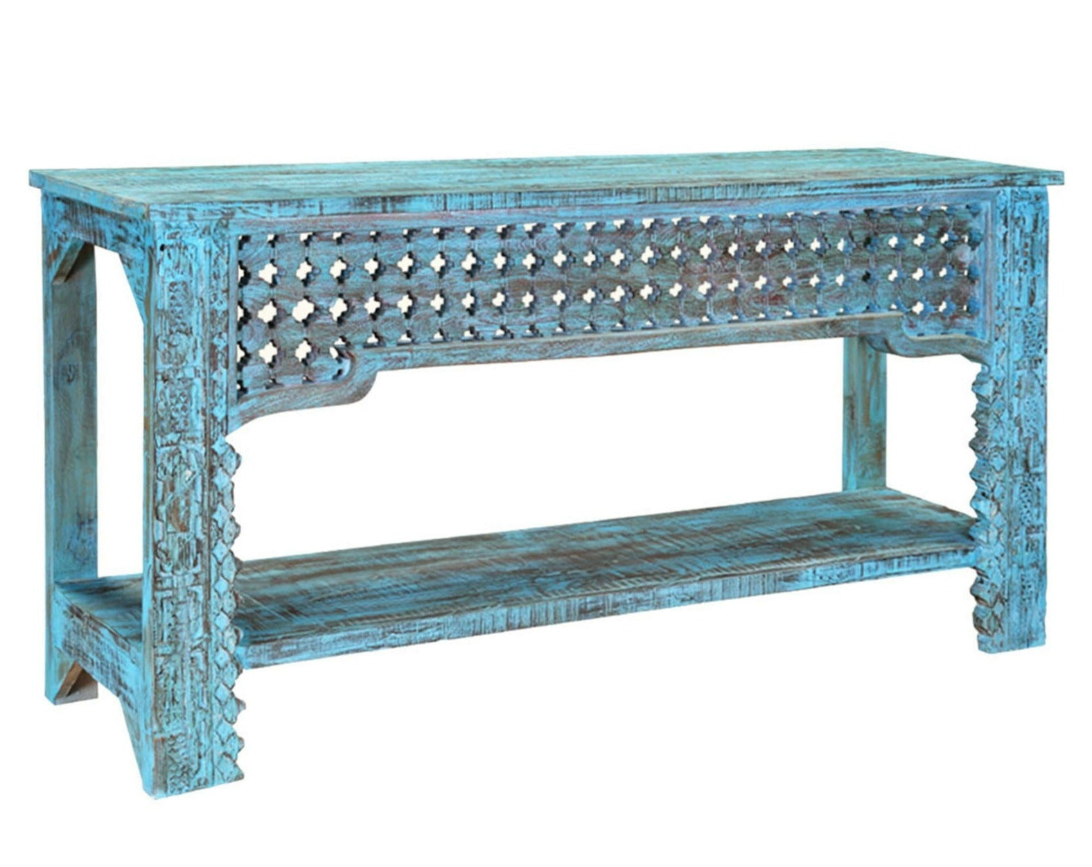 Hand Carved Solid Wood Hall Side Table - Rustic Blue Finish - Entryway, Living Room & Bedroom Accent Furniture