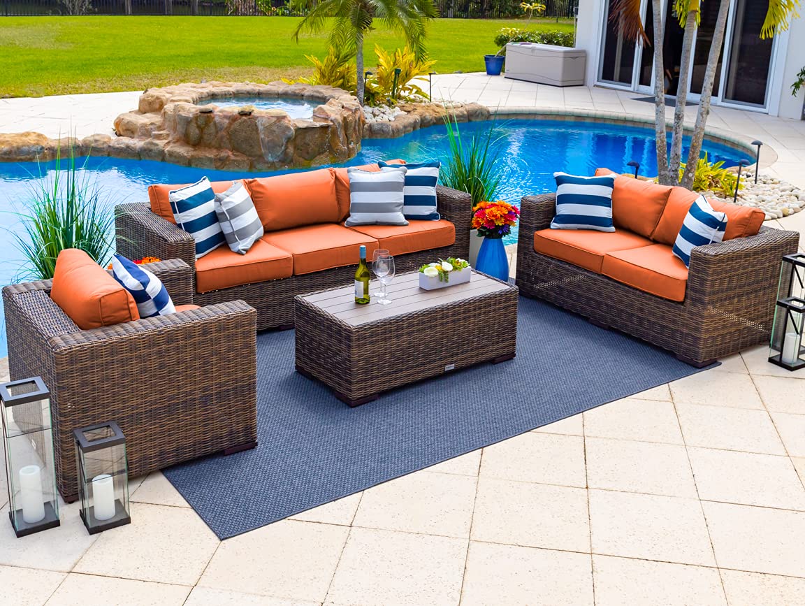 Tuscany 4-Piece XL Resin Wicker Outdoor Patio Conversation Set - Brown Wicker Sofa, Loveseat, Armchair & Coffee Table - Durable Half-Round Design with Sunbrella Canvas Cushions - Perfect for Backyard, Garden or Poolside Relaxation