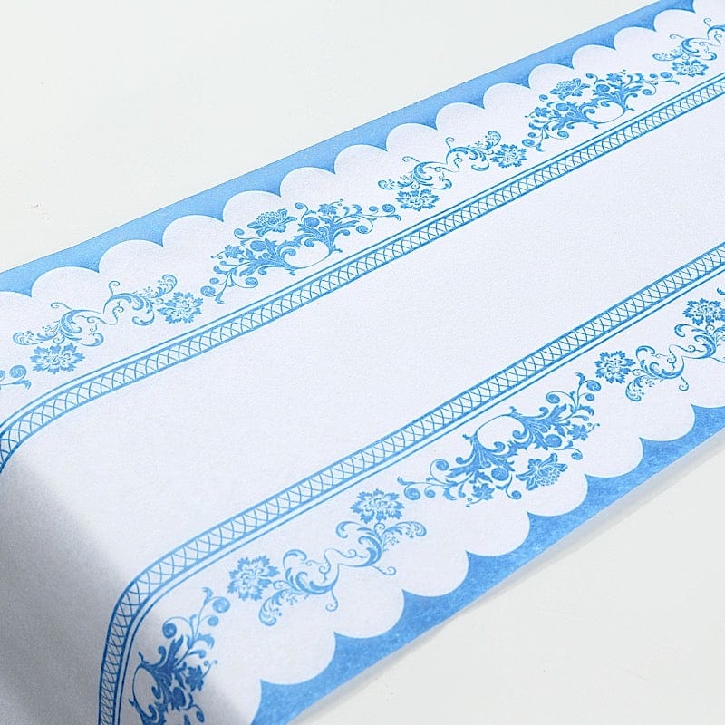 11 x 108 Inch White and Blue Floral Print Non-Woven Table Runner with Ornate Border - Perfect for Weddings, Parties, and Holiday Dining Decor