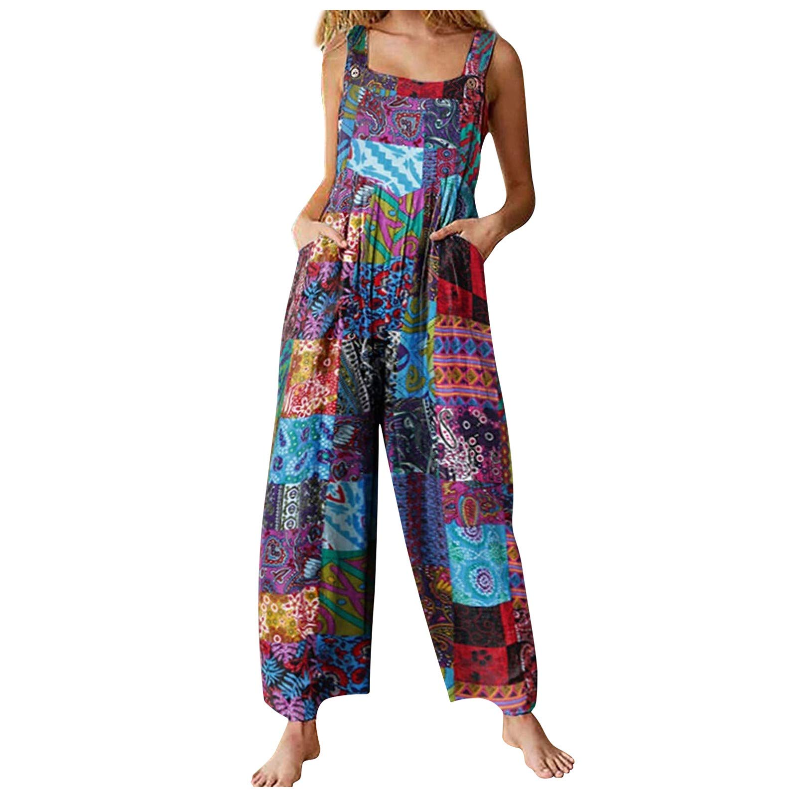 Vintage Women's Loose Fit Tank Jumpsuit with Buttons & Pockets - High Waist Long Romper for Casual Wear, Summer Outfits, Beach Cover Up, and Travel Essentials