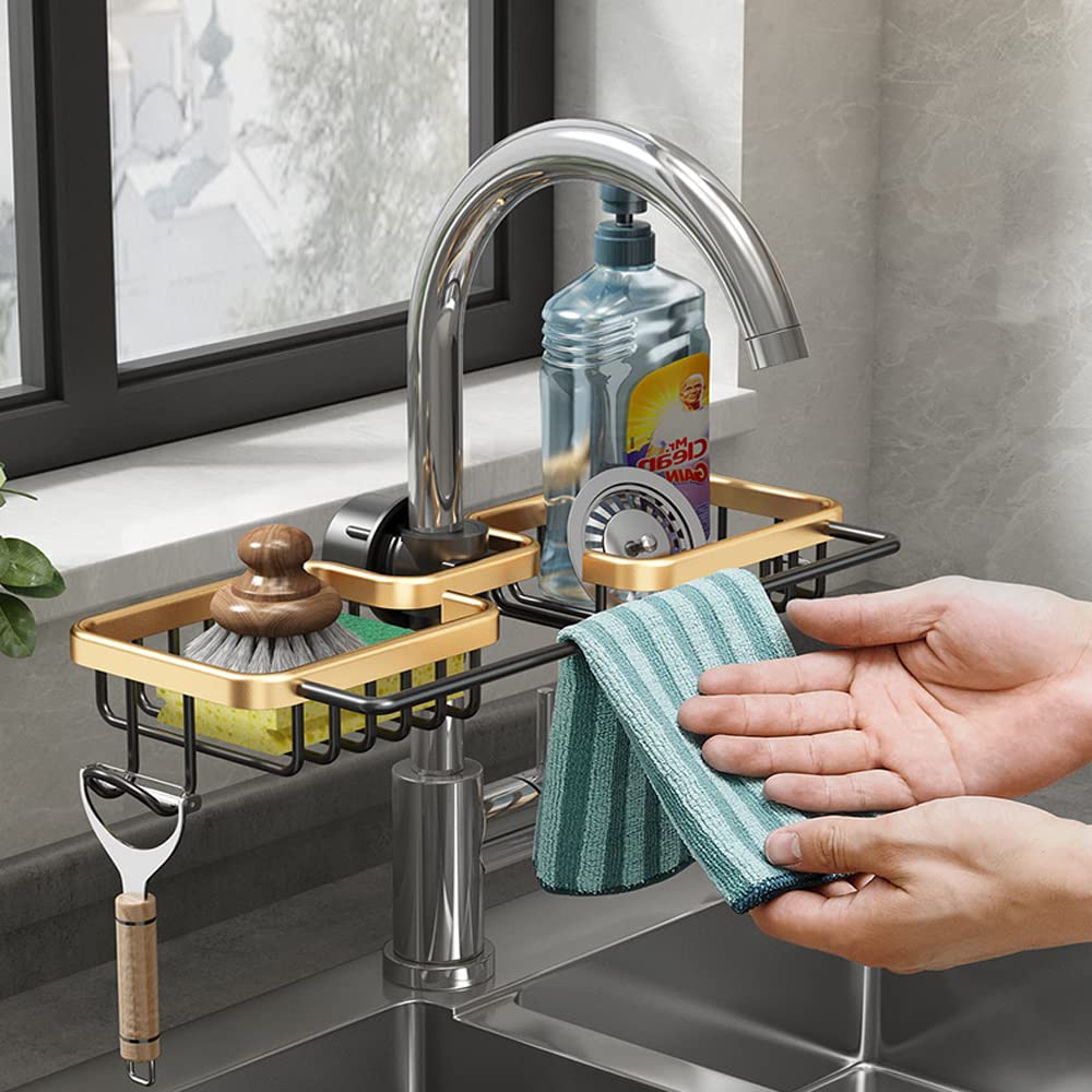 WINGSIGHT Over the Sink Faucet Sponge Holder & Dishcloth Rack - Double Kitchen Sink Organizer, Golden - Perfect for Small Kitchen Spaces & Clutter-Free Sink Areas