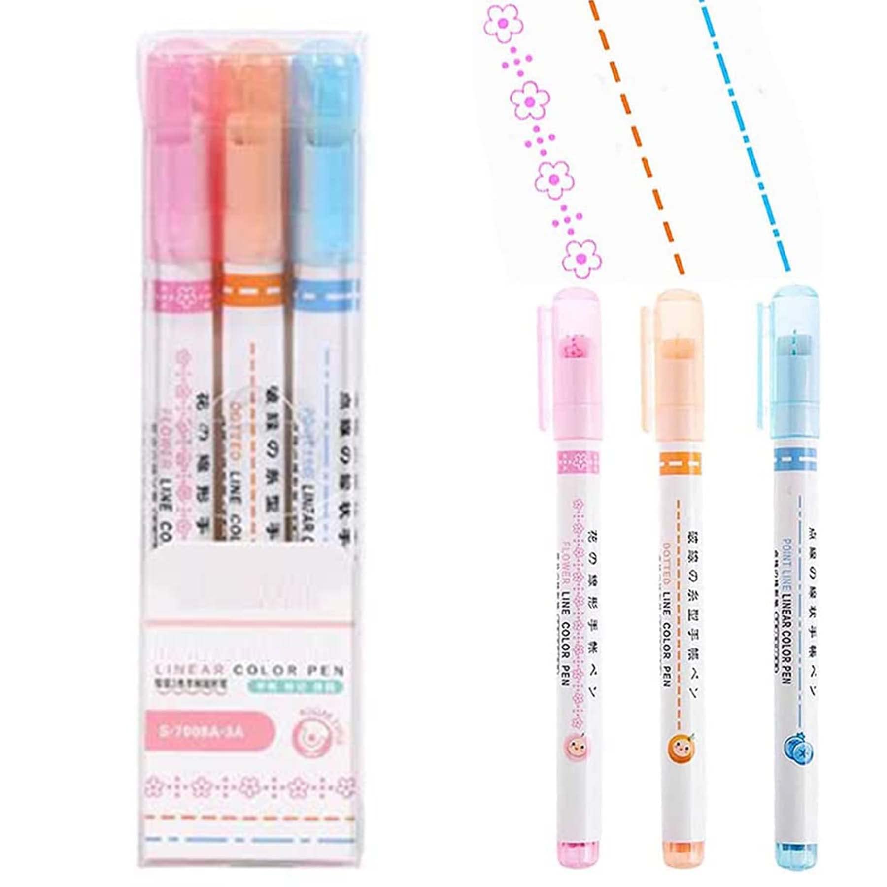 6 Dual Tip Curve Highlighter Pen Set - Fine Tips for Writing, Drawing, Heart, Flower, Dotted & Slash Lines (3 Pack) - Perfect for Note Taking, Journaling, Scrapbooking & School Supplies