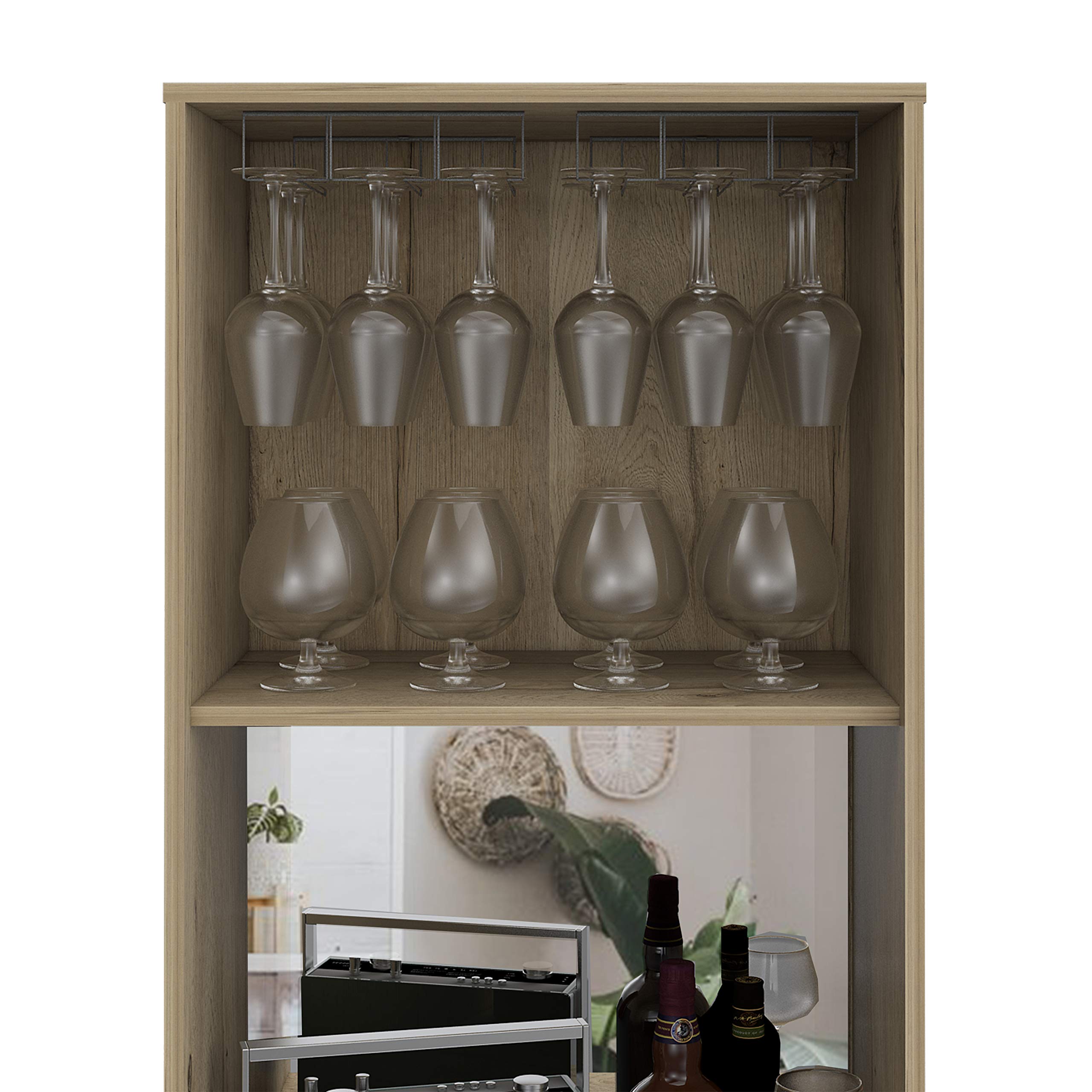 Tuhome Prana Bar Cabinet with 2 Shelves & 5-Bottle Wine Rack - Light Oak Double Door Storage for Living Room, Dining Room or Home Bar
