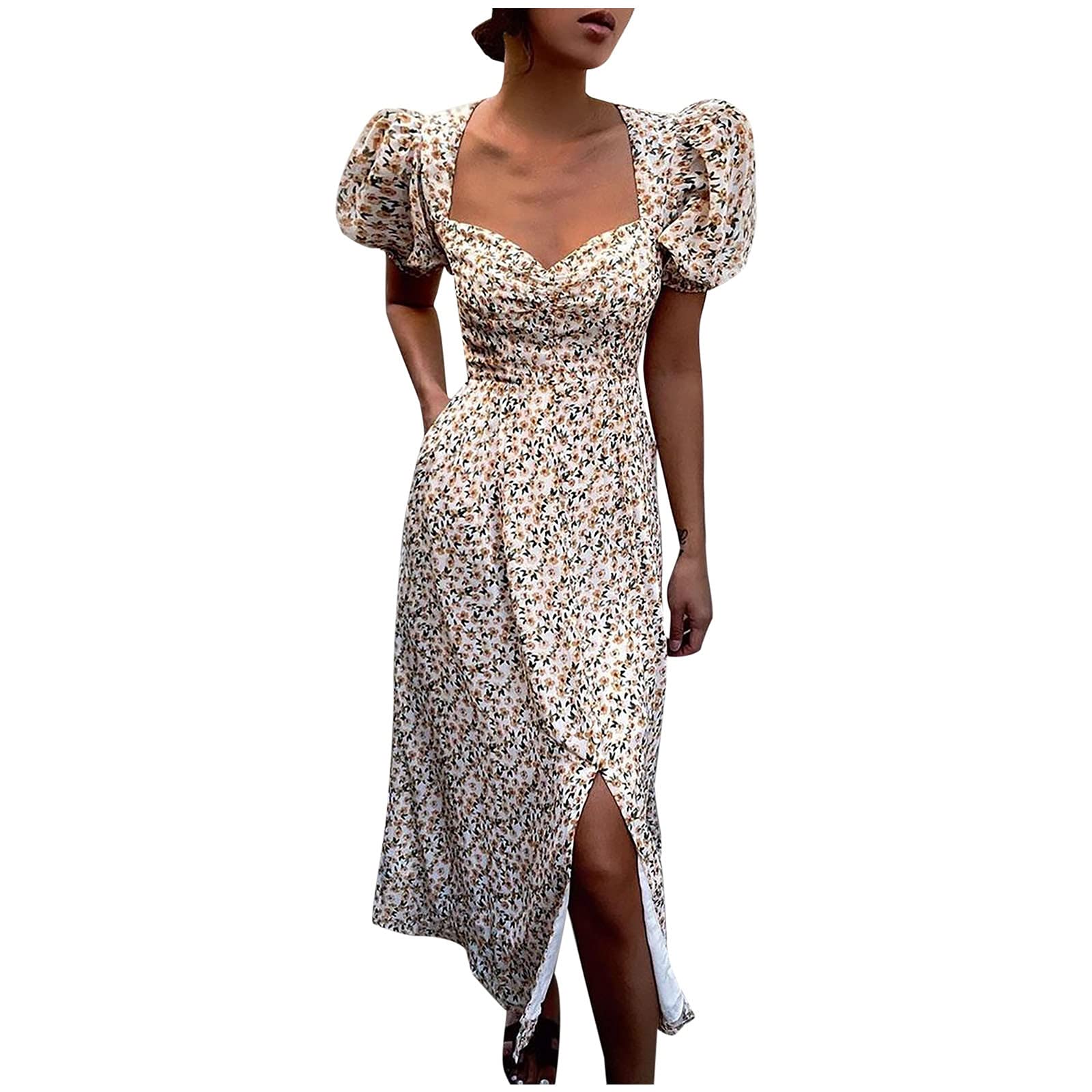 Women's Summer Mini Dress - Floral Print, Ruffle Sleeves & Sweetheart Neckline with Side Split | Perfect for Beach Vacations, Date Nights & Summer Parties