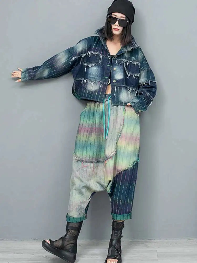 Women's Big Size Denim Jacket & Wide Leg Pants Two-Piece Suit - Lapel Long Sleeve Fashion Set for Spring & Autumn 2025 | Trendy Outfit for Casual Wear, Office, and Date Nights (Style: 1DH6431)