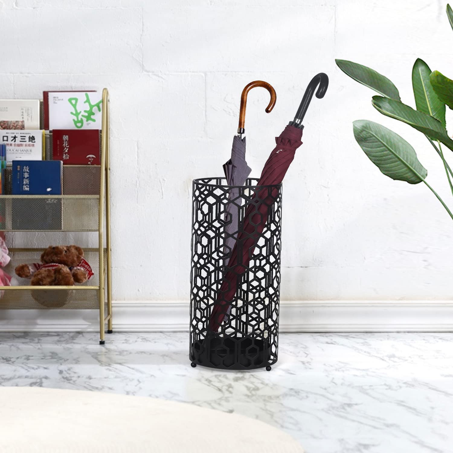 Adeco Heavy Duty Metal Umbrella Stand - Black Round Umbrella Holder for Indoor & Outdoor Use - Perfect for Entryway, Porch, Garden, and Patio Organization