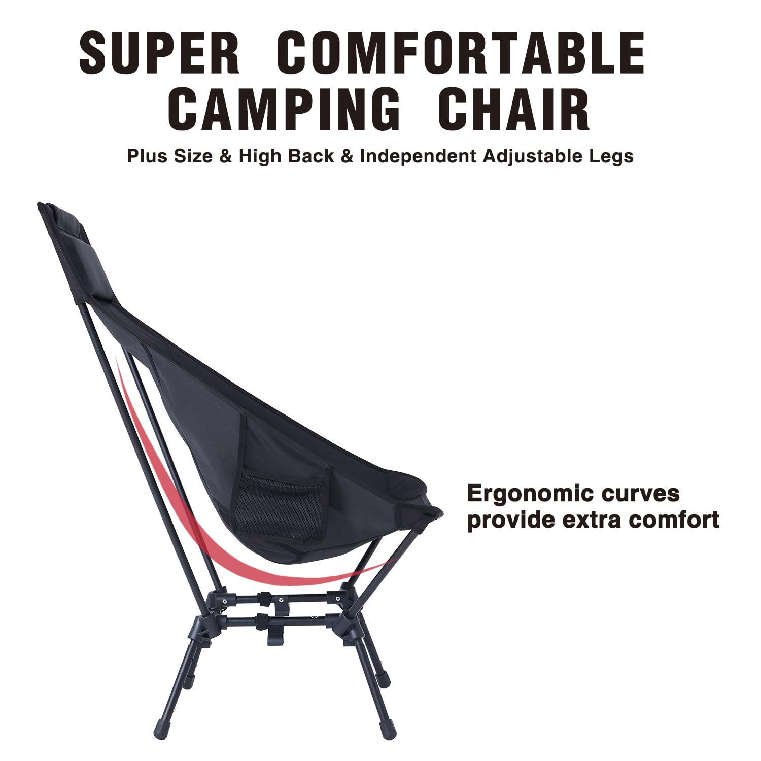 MOON LENCE Oversized Portable Folding Camping Chair for Adults - Adjustable High Back Beach Chair with Headrest, Heavy Duty Lawn Chair for Backpacking, Hiking, Fishing - Large Capacity & Durable - Perfect for Outdoor Adventures, Beach Trips, Picnics & Backyard Relaxation - Black