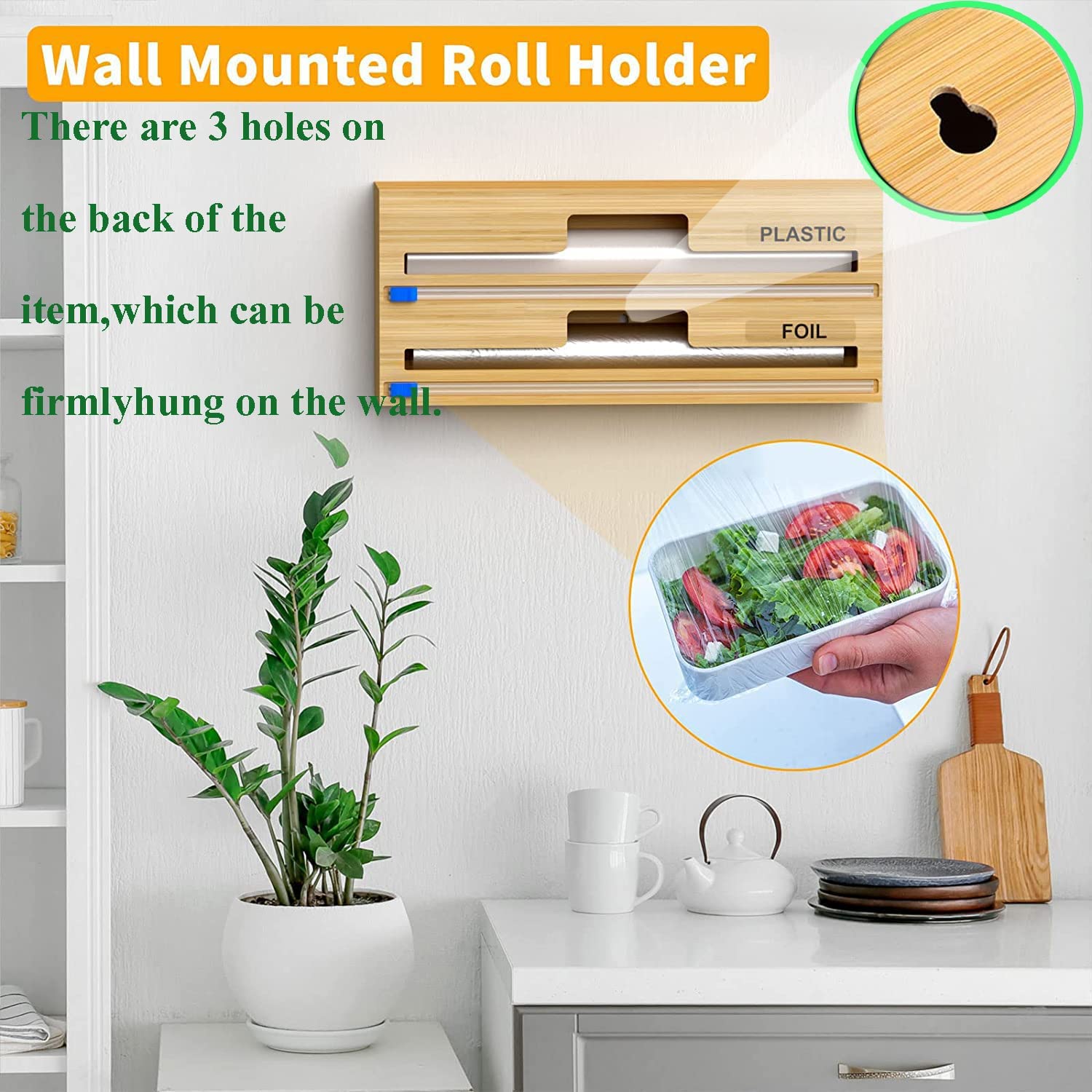 Bamboo Aluminum Foil & Plastic Wrap Dispenser - 3-in-1 Reusable Kitchen Organizer for Food Storage | Eco-Friendly Foil & Cling Film Holder with Bamboo Box | Perfect for Pantry, Countertop & Kitchen Organization