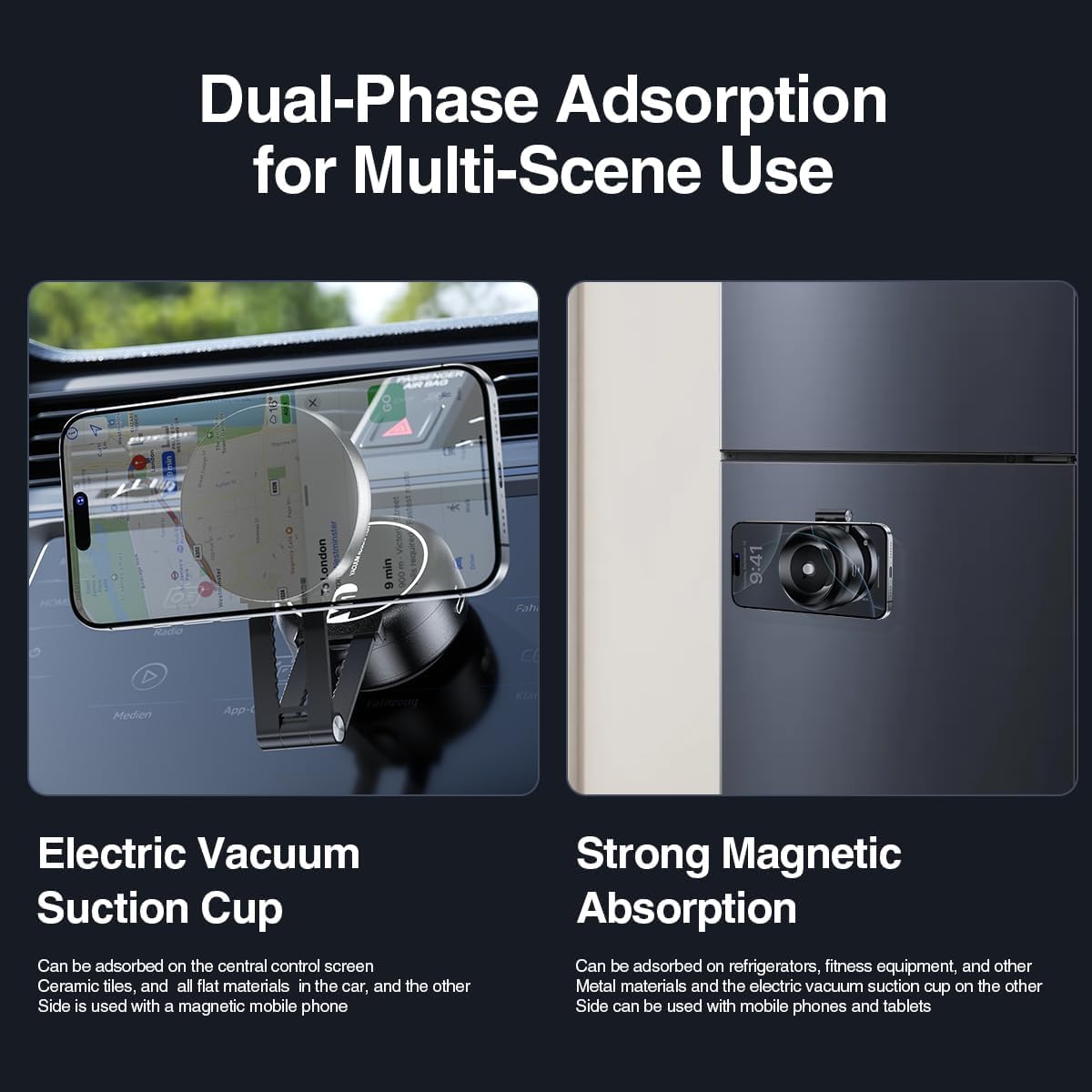 Vacuum Suction Magnetic Car Phone Holder - Foldable Adjustable Car Mount for iPhone 12/13/14/15/16 - Strong Magnetic Grip for Mirror/Glass/Screen/Smooth Non-Porous Surfaces (No Charging) - Perfect for Hands-Free Driving, GPS Navigation & Safe Phone Use on the Road