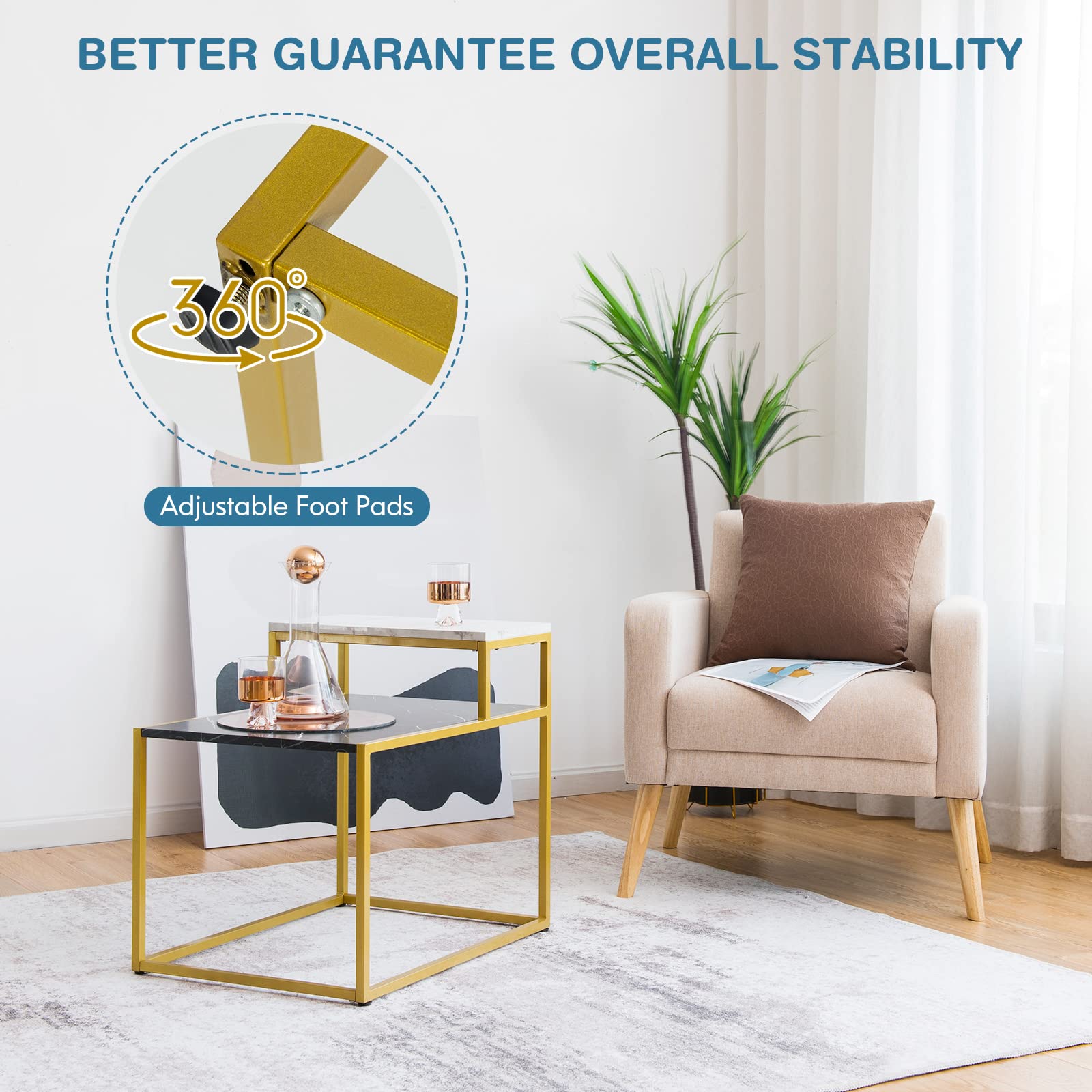 Giantex Gold End Table with Faux Marble Top - Adjustable Foot Pads & Storage Shelf - Modern Side Table for Living Room, Bedroom, Office - Easy Assembly - Perfect for Coffee, Books & Decor Display