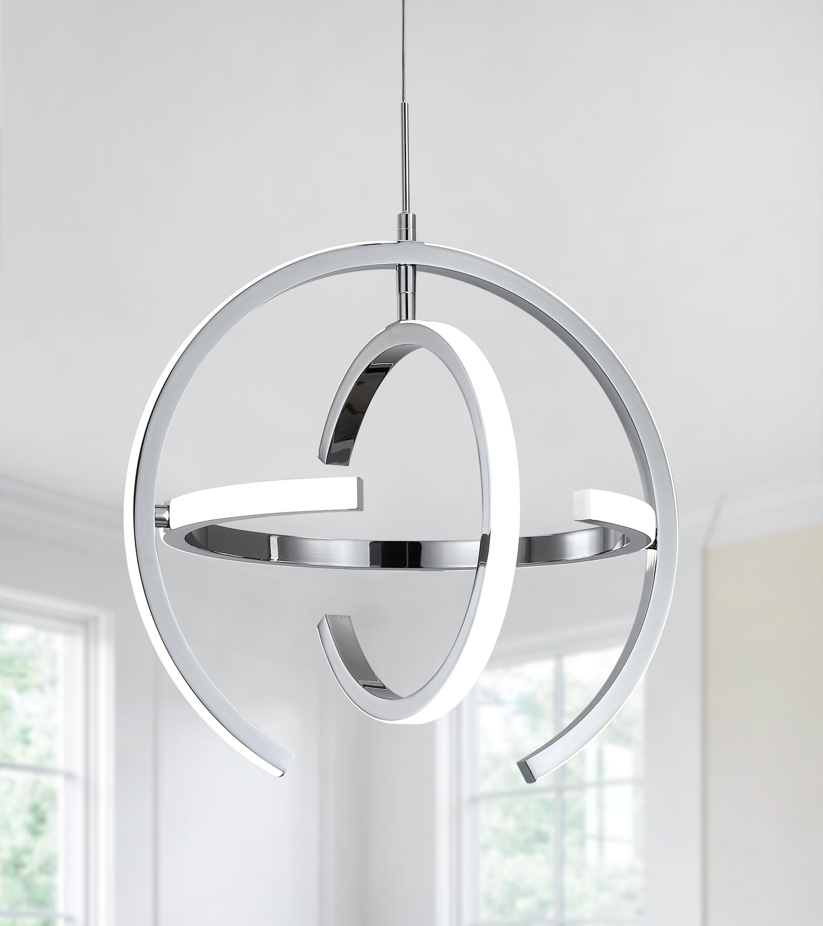 Q&S Modern LED Chandelier - Chrome Silver Round Globe Pendant Light Fixture for Kitchen Island, Dining Room, Living Room & Entryway - Energy Efficient Hanging Light for Home Decor & Ambience