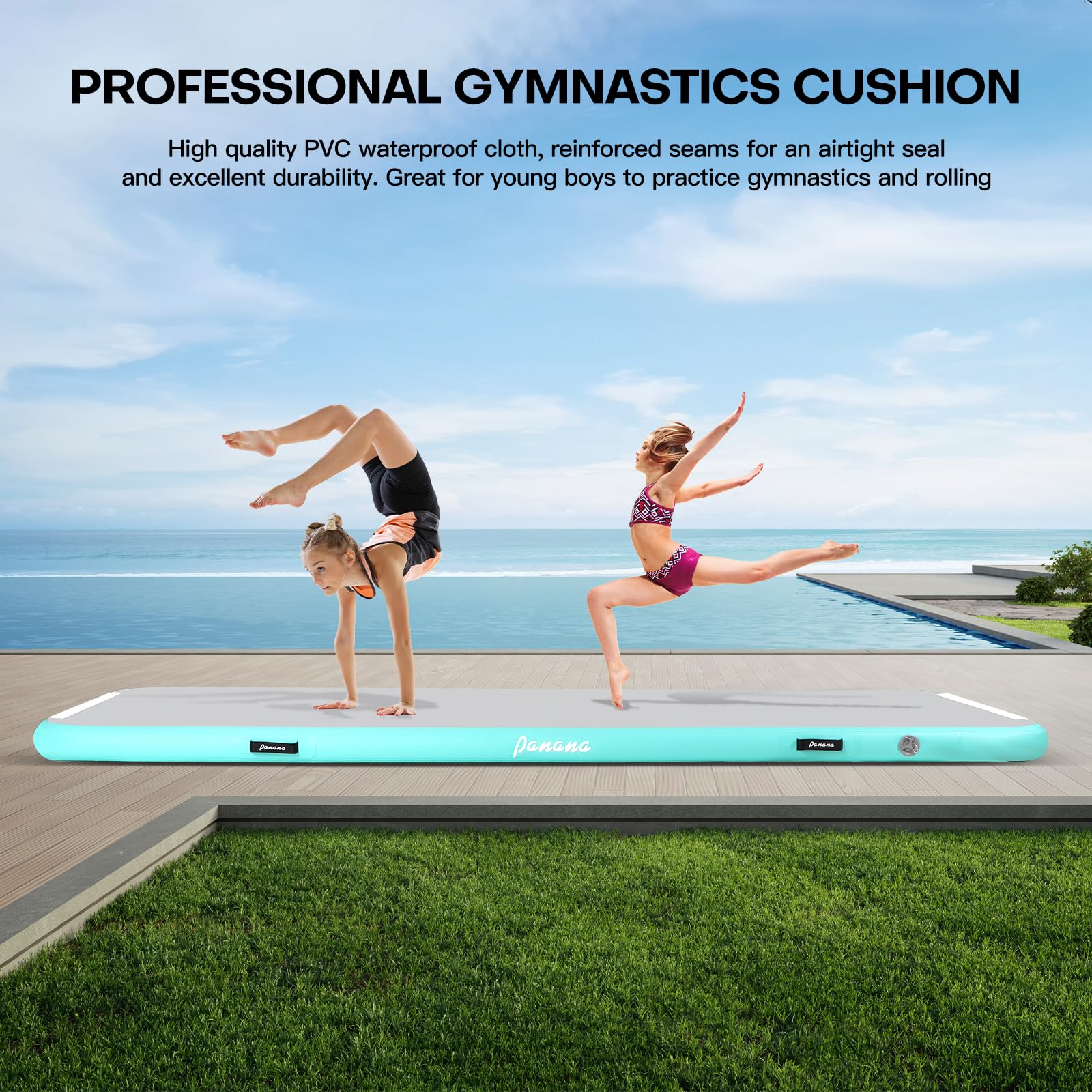 Panana Air Mat - 10ft Inflatable Gymnastics Mat with 4 Inch Thickness | Air Roller Barrel for Back Handspring Training, Yoga, Cheerleading | Waterproof for Beach & Park Use (Light Green)