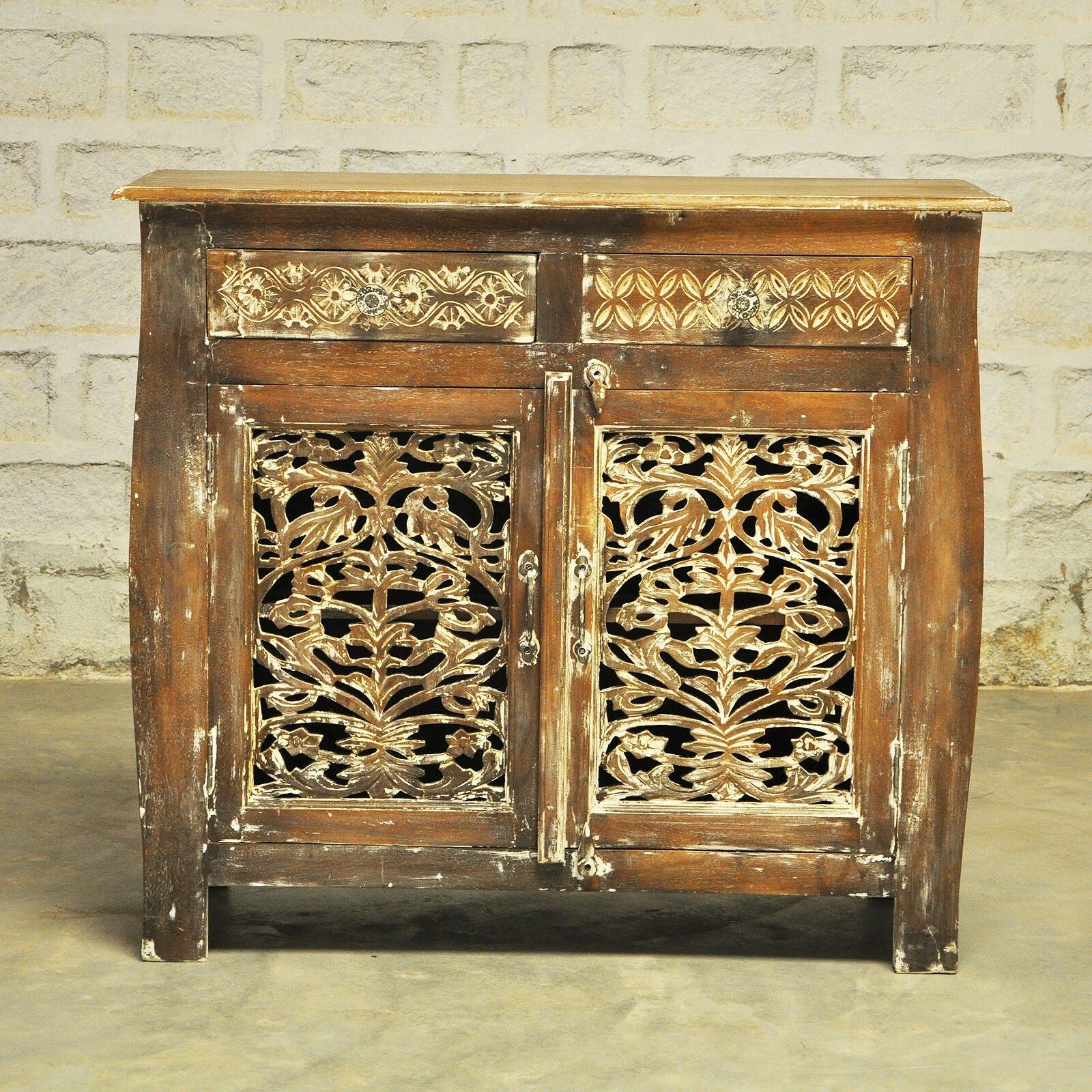 French Colonial Solid Wood Jali Carved Sideboard - Antique Brown Buffet Cabinet for Dining Room, Living Room & Entryway Storage