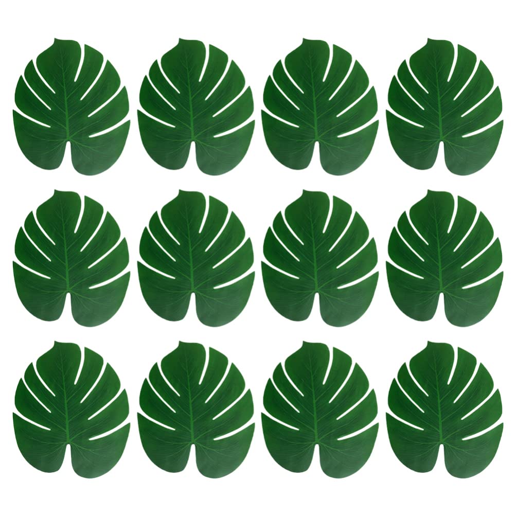 12pcs Artificial Monstera Leaves - Fake Hawaiian Party Decor for Table Centerpieces, Tropical Themed Events, and Home Dining Decorations - Realistic Fabric Leaf Placemats for Wedding, Baby Shower & Luau Party Decorations