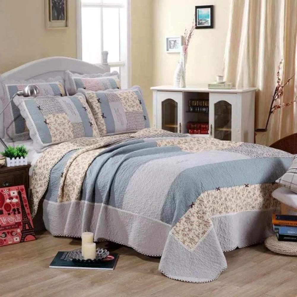 Vctops 100% Cotton Floral Patchwork Quilt Set - 3-Piece Queen Size Farmhouse Country Bedspread with Reversible Coverlet (Flower Pattern) | Perfect for Guest Rooms, Master Bedrooms & Cozy Farmhouse Decor
