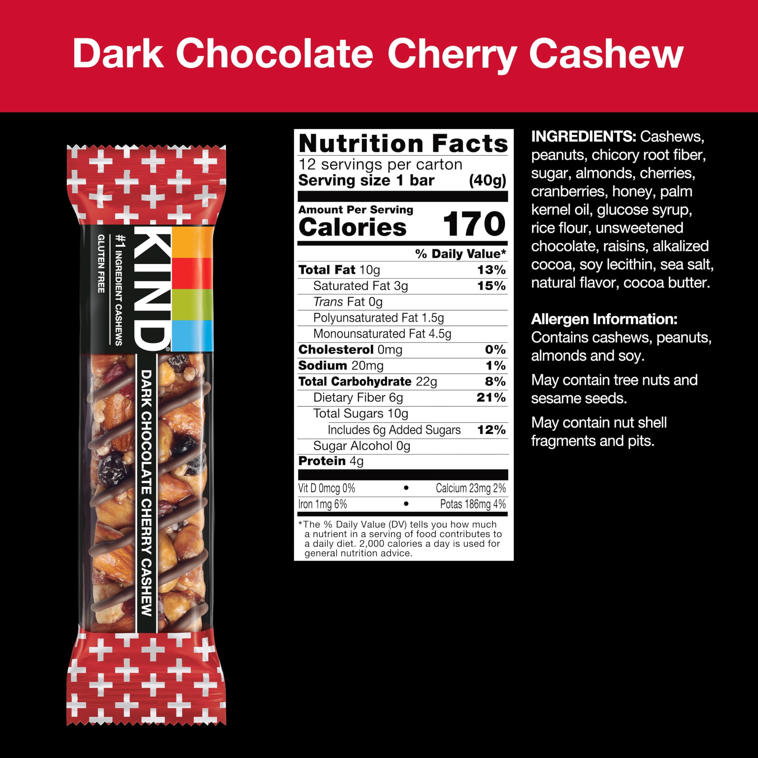 KIND Bars, Dark Chocolate Cherry Cashew - Healthy Gluten Free Snack Bars (12 Count) | On-the-Go Nutrition for Work, Hiking & Travel