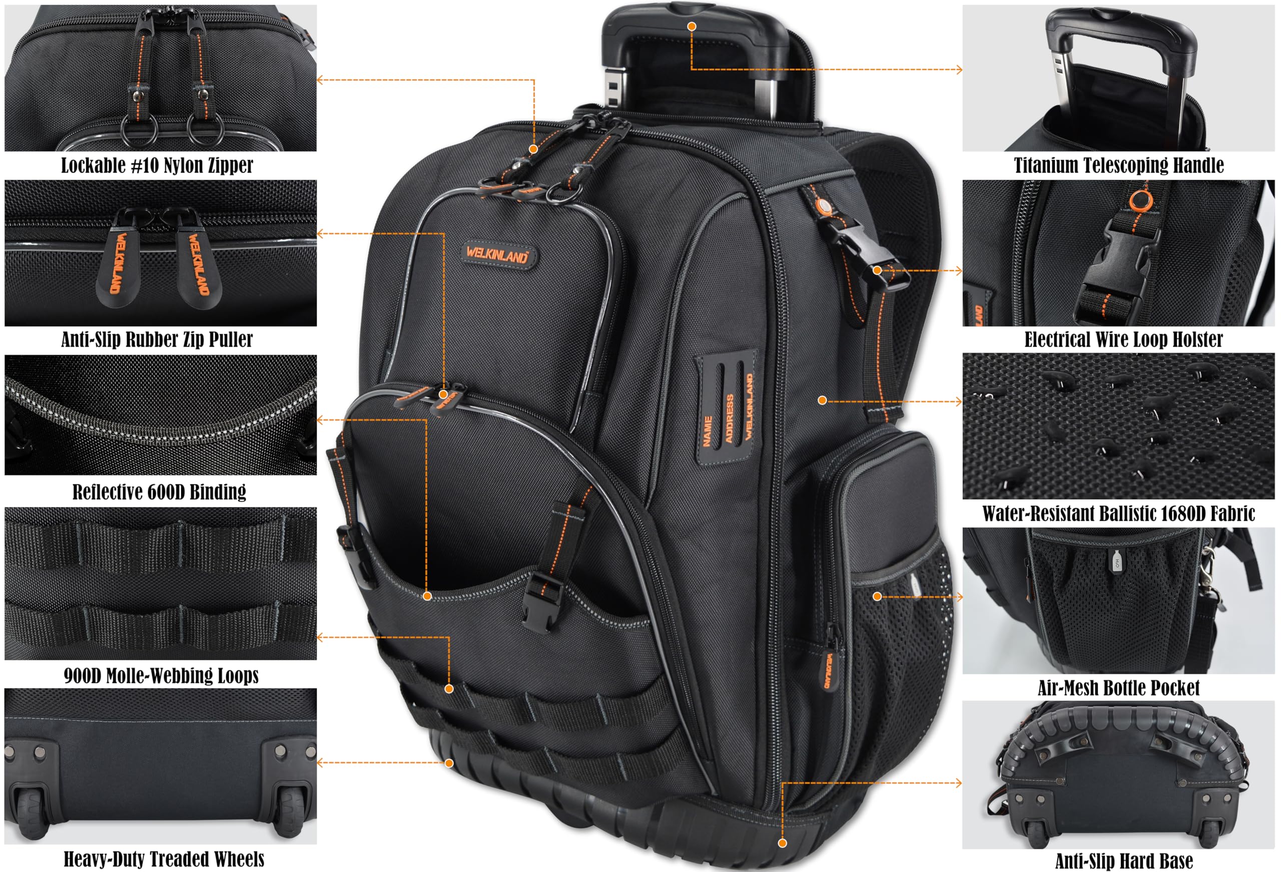 72-Pocket Rolling Tool Backpack - Large Wheeled Tool Bag for Electricians & Contractors | Heavy-Duty Mobile Work Storage for Job Sites & Home Repairs
