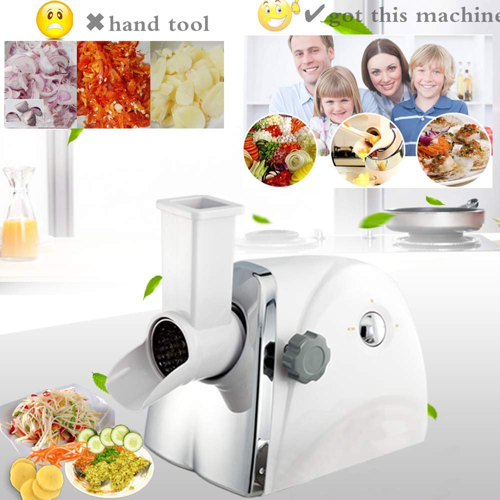 Electric Rotary Cheese Grater & Vegetable Slicer - 5 Interchangeable Blades for Fruits, Nuts, Chocolate | 220V Mandoline Slicer & Salad Maker Machine (White) | Perfect for Meal Prep, Salad Bars & Home Cooking