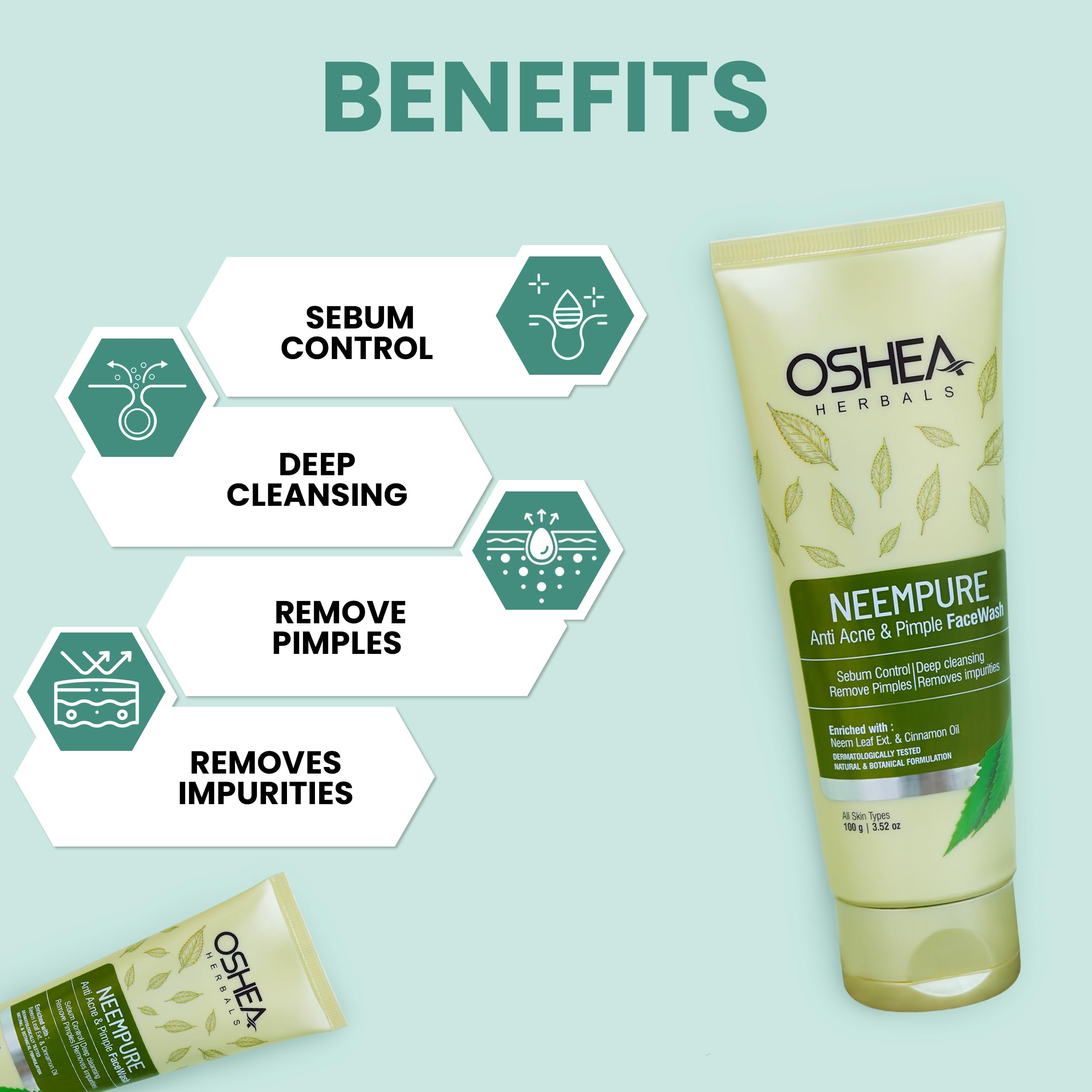 Oshea Herbals Neempure Anti Acne & Pimple Gel Face Wash for Men & Women - Deep Cleansing with Neem Extract & Cinnamon Oil - Controls Sebum, Removes Impurities & Pimples - 100g | Perfect for Daily Skincare Routine & Acne-Prone Skin