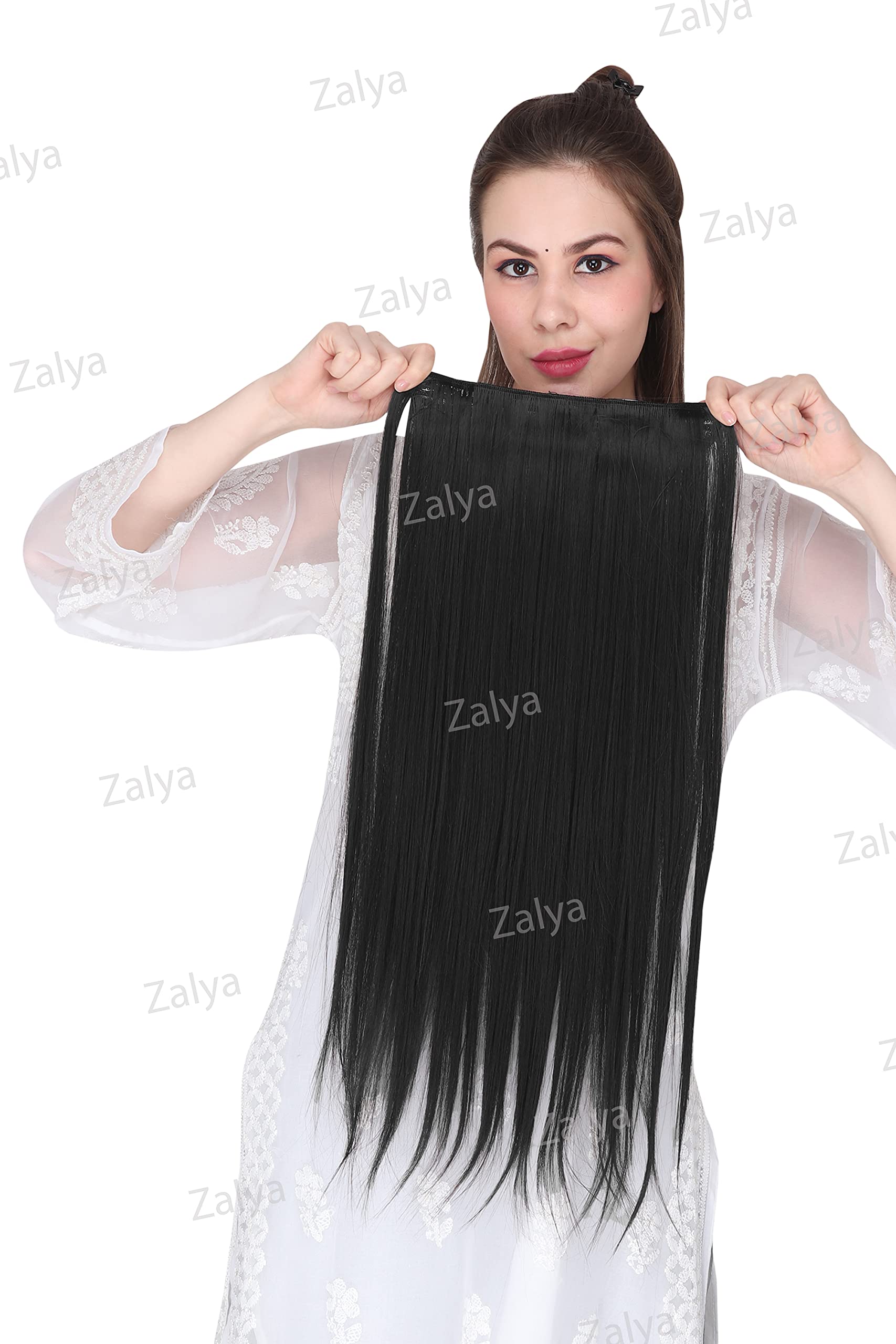 ZALYA 24-Inch Black Straight Clip In Hair Extensions - 5 Clips Synthetic Hair Weft (120g) for Instant Volume & Length - Easy Secure Installation - Perfect for Parties, Weddings & Everyday Glamorous Hairstyles