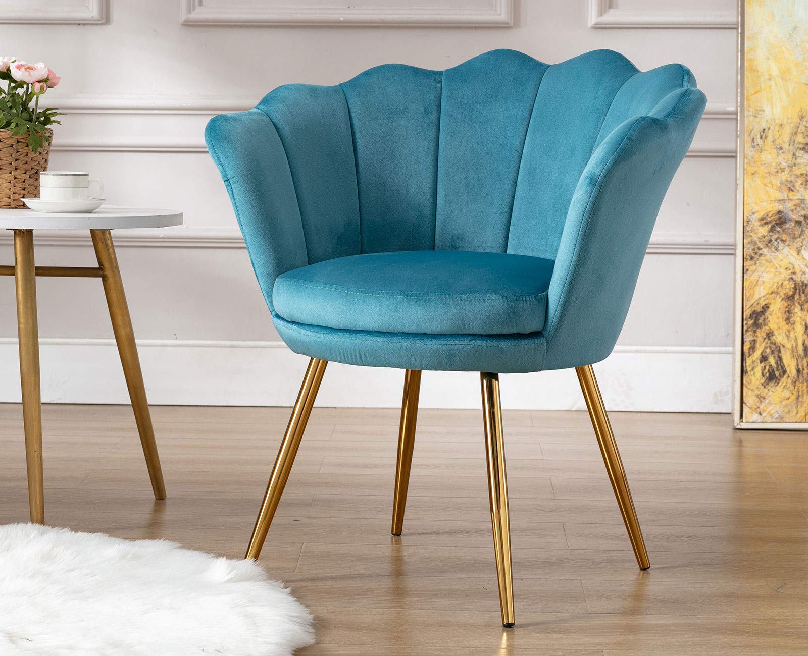 Luxury Velvet Accent Chair with Gold Metal Legs - Upholstered Vanity Stool & Comfortable Desk Chair for Bedroom, Living Room, Apartment (Light Blue) - Perfect for Makeup Vanity, Dressing Table & Home Office Decor
