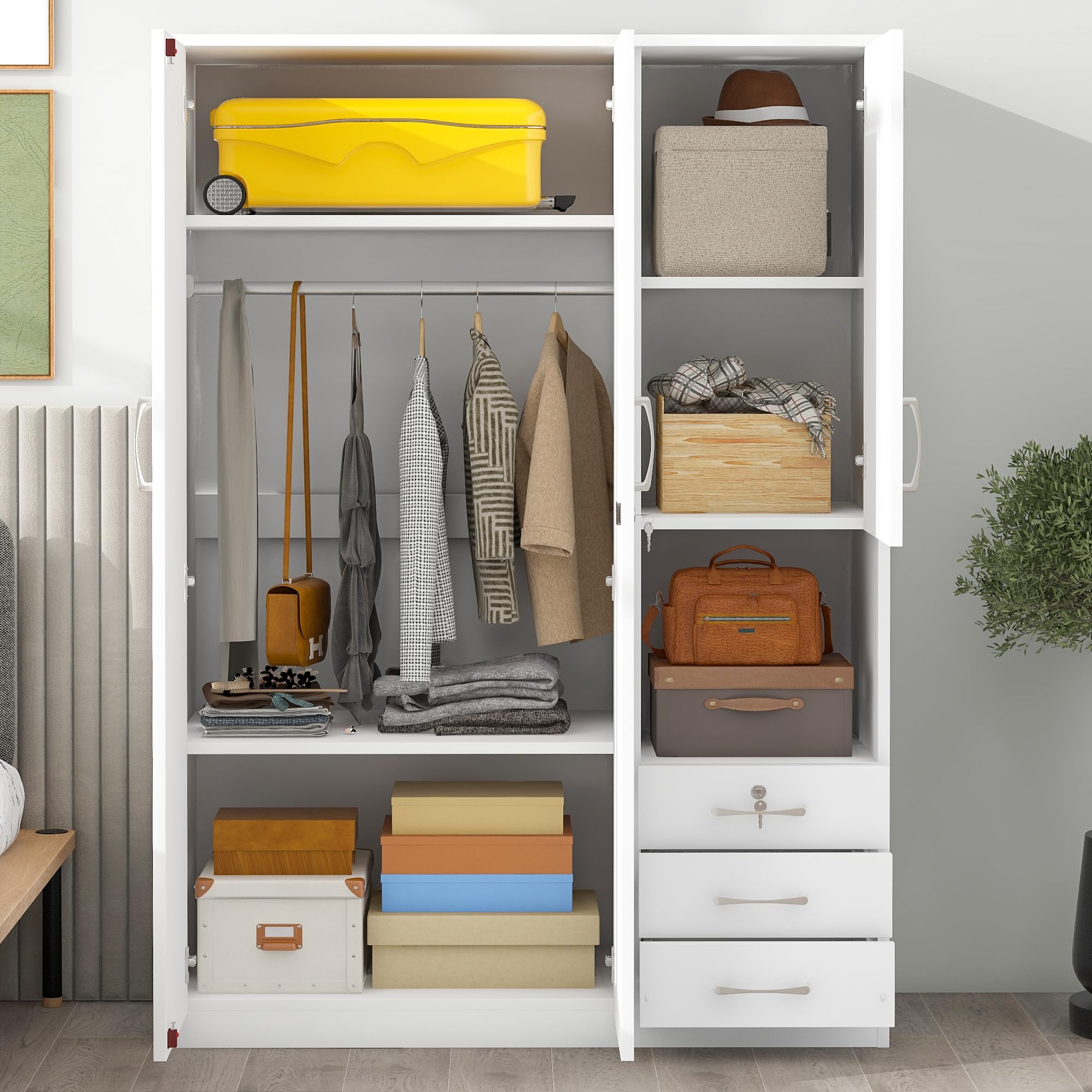 3-Door Wooden Wardrobe Armoire with Shelves, Drawers & Hanging Rod - Modern Bedroom Closet Organizer Storage Cabinet in White - Perfect for Master Bedroom, Guest Room or Dorm Organization