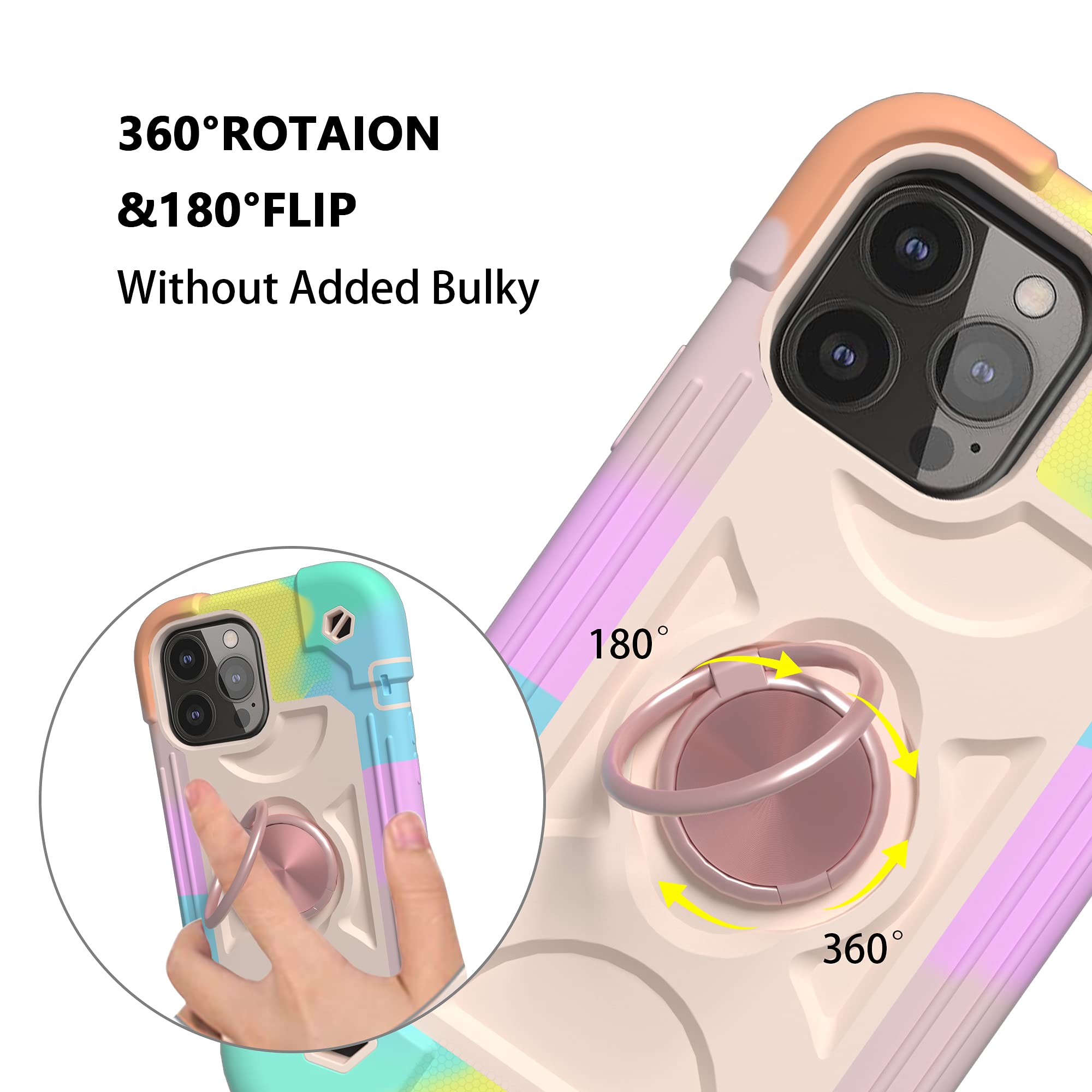 Omio iPhone 12 Pro Max Case (6.7 Inch) - Military Grade Shockproof Phone Cover with Ring Stand & Magnetic Car Mount | Heavy Duty Protection for Women & Men | Rainbow Pink Design | Perfect for Work, Travel & Outdoor Activities