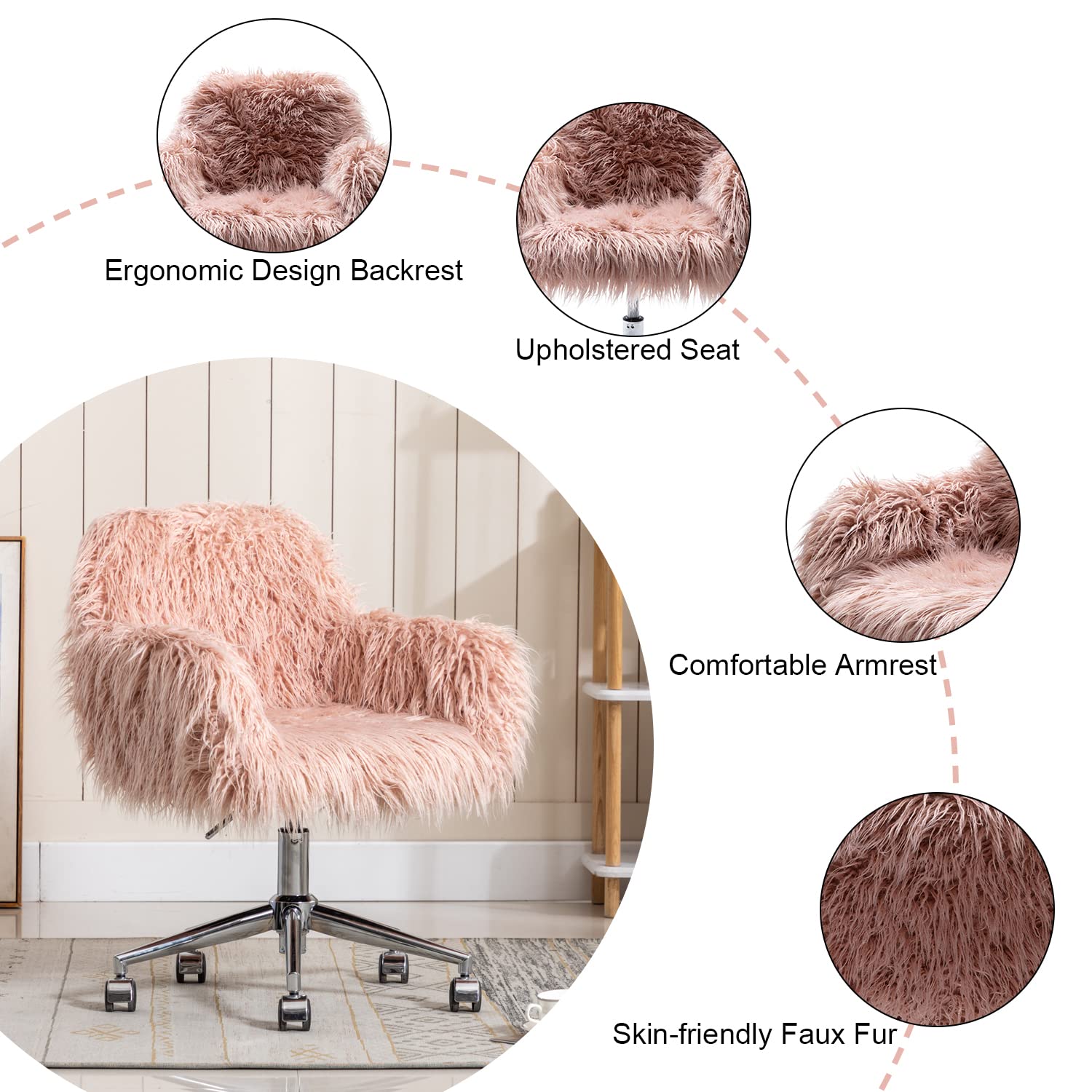 Yoluckea Modern Faux Fur Desk Chair - Adjustable Swivel Vanity Accent Chair with Soft Faux Fur, Pink Office Chair for Women & Girls - Perfect for Home Office, Living Room, Bedroom & Dressing Room Makeup Station