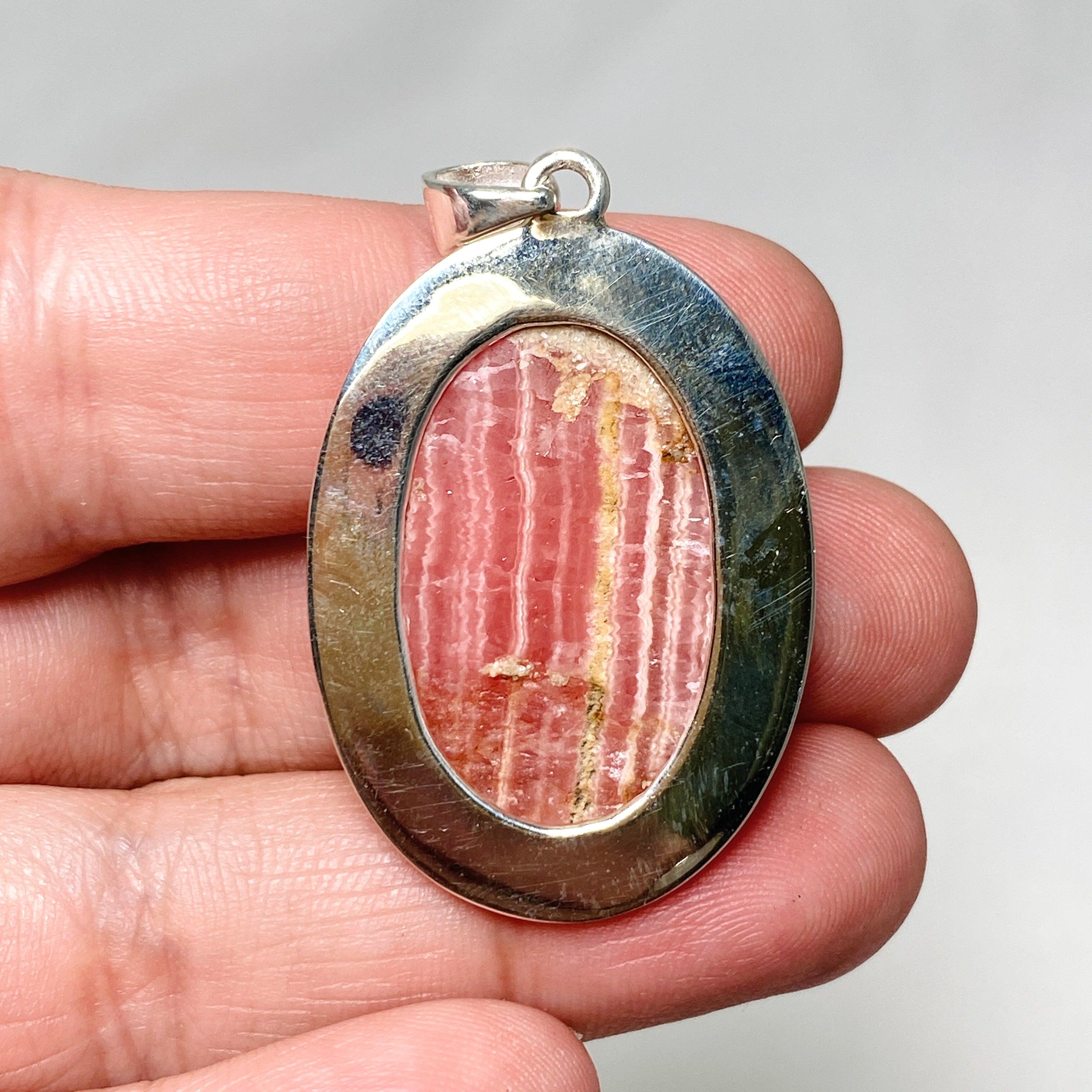 Rhodochrosite Oval Pendant Necklace - Handcrafted Hammered Sterling Silver Setting KPGJ4320 | Elegant Jewelry Gift for Women, Perfect for Weddings & Special Occasions
