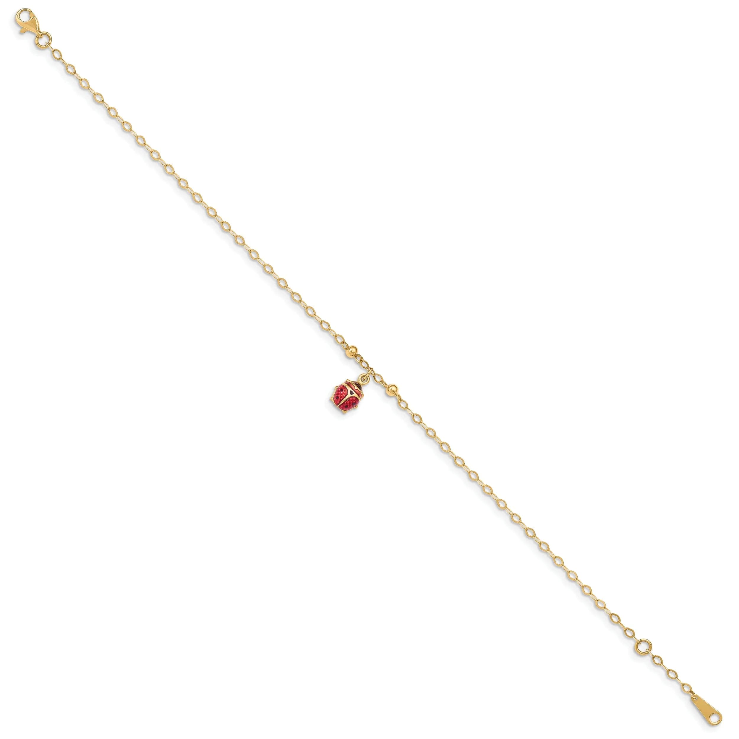 14K Gold Adjustable Enamel Ladybug Ankle Bracelet - Cute Summer Beach Jewelry Gift for Women & Girls