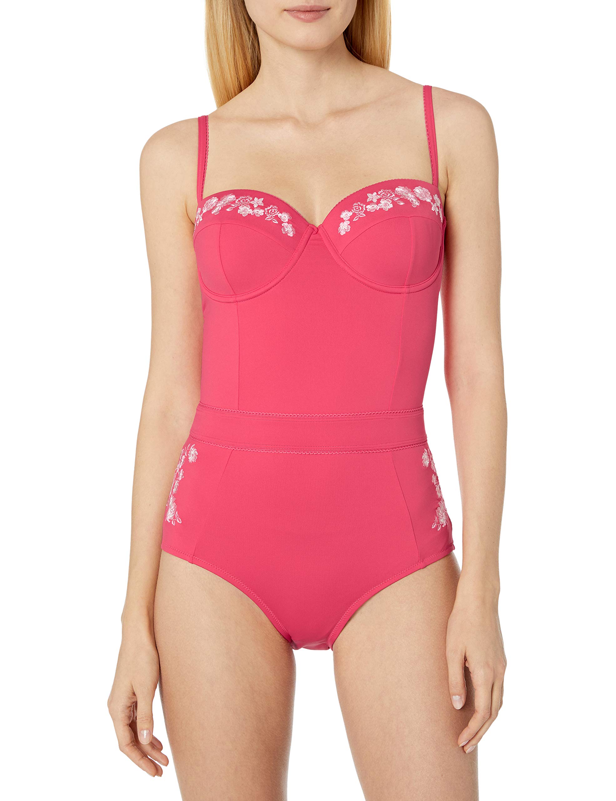 Johnny Was Women's Red Embroidered Corset One Piece Swimsuit | Floral Design Swimwear | Beach & Pool Vacation Wear