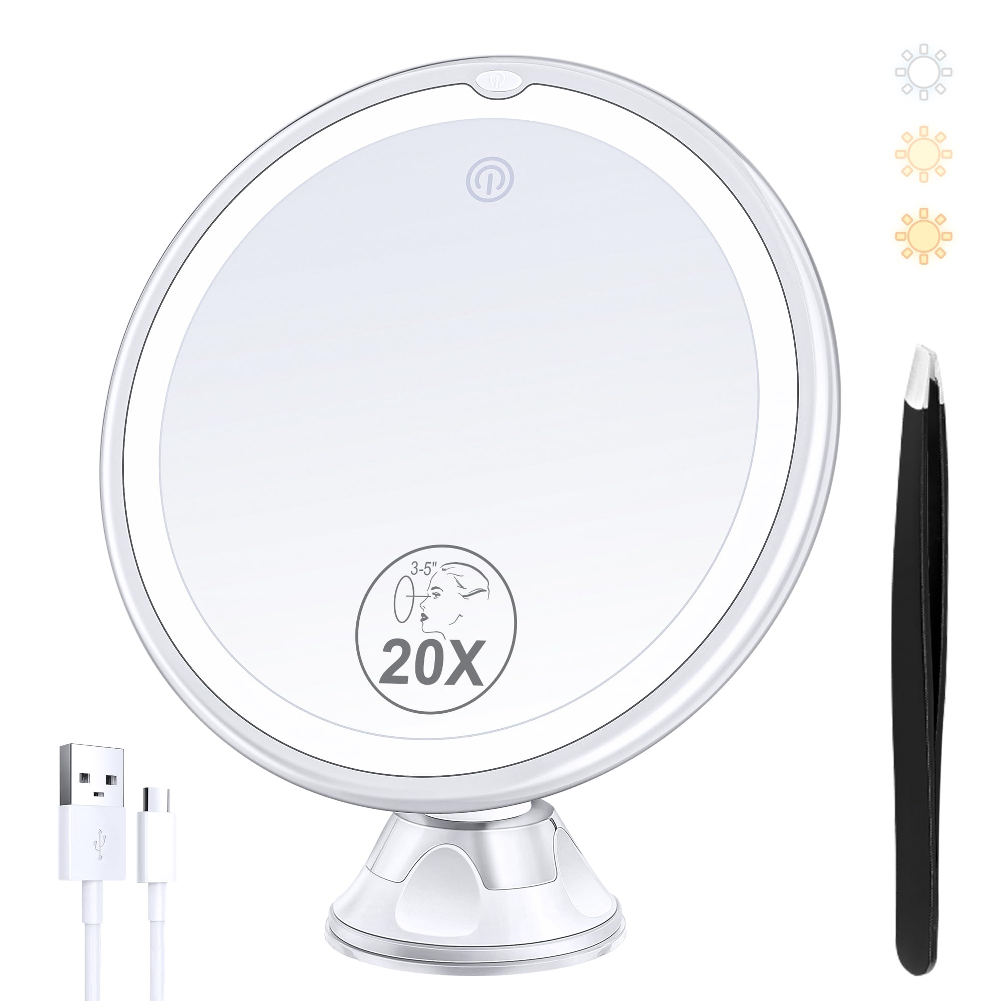 B Beauty Planet Rechargeable 20X Magnifying Mirror with 34 LED Lights - 3 Color Adjustable Makeup Mirror, 360° Rotation & 1500mAh Battery - Perfect for Makeup, Skincare, Eyebrow Grooming & Travel Vanity Use