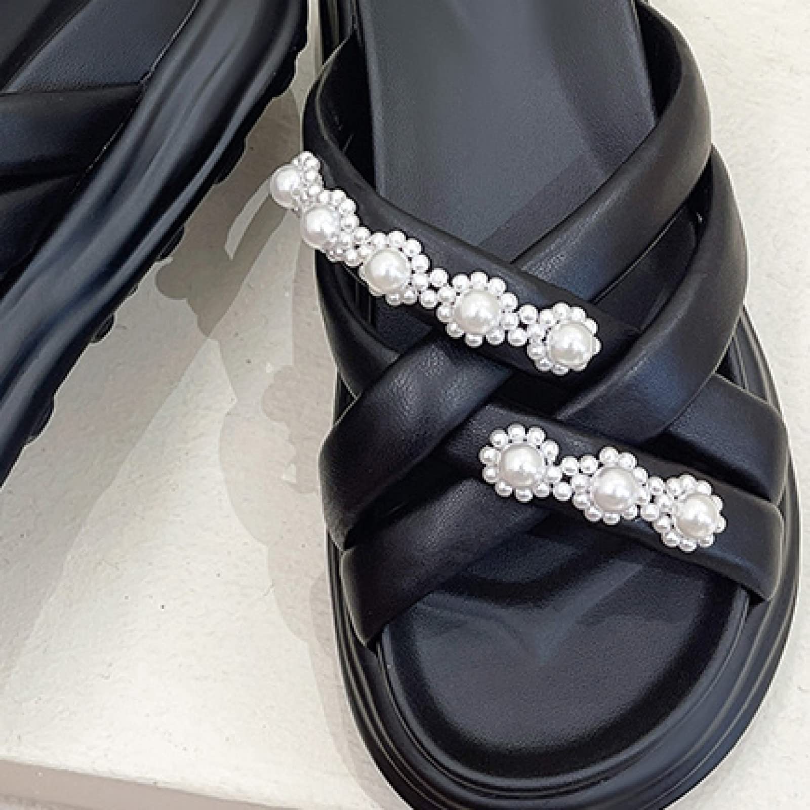 EBRICON Women's Platform Slide Sandals - Breathable Pearl Cross Leather Slip-On Open Toe Backless Slippers for Outdoor, Beach, Pool & Summer Comfort