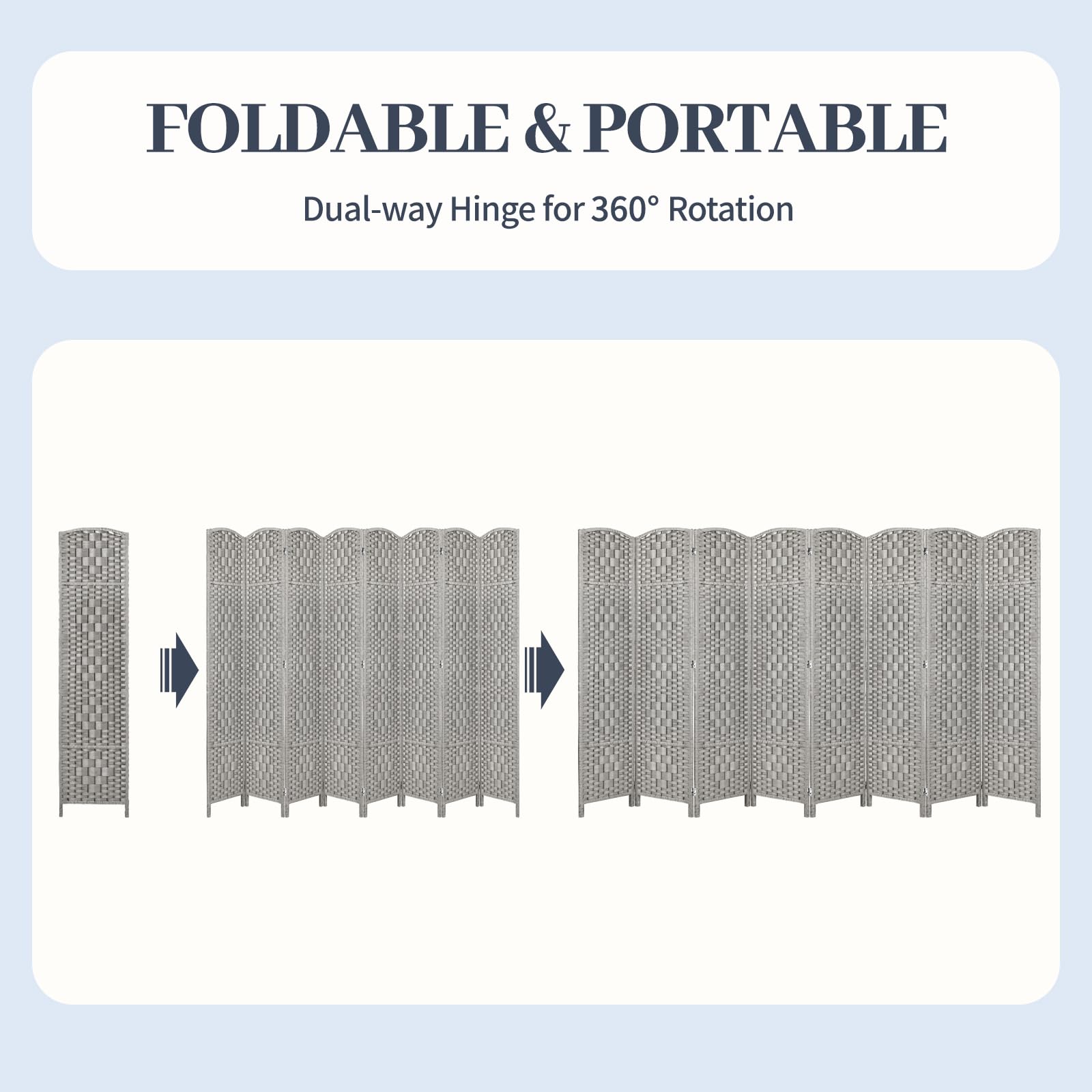 6ft Room Divider Folding Privacy Screen - 8 Panel Space Separator for Home & Office, 16in Wide Grey Partition Wall for Bedroom, Living Room & Studio Use