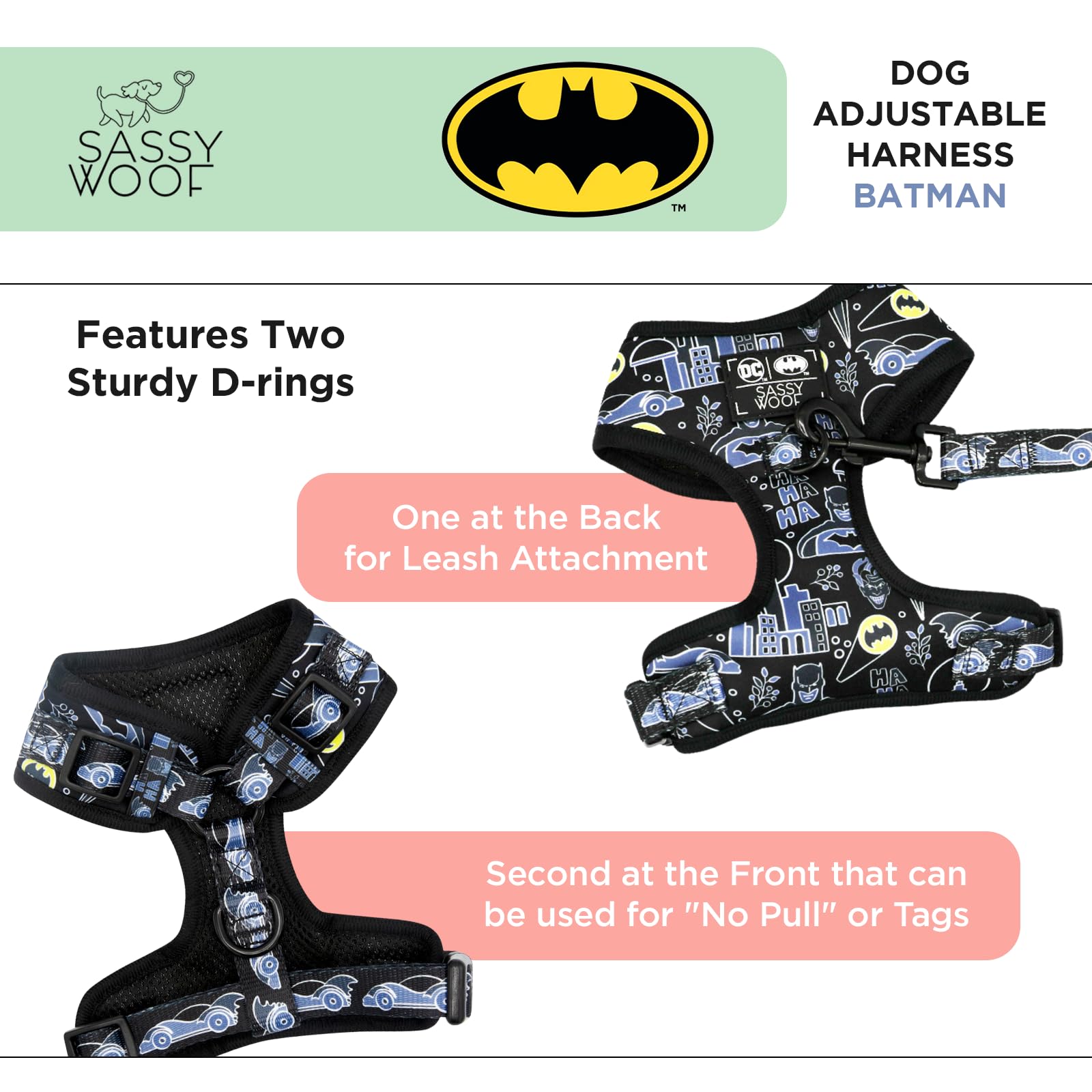 Batman™ Adjustable Dog Harness for Medium Dogs - Breathable Mesh No-Pull Design with 2 D-Rings - Officially Licensed Pet Costume Accessory - Perfect for Walks, Cosplay & Halloween Costumes