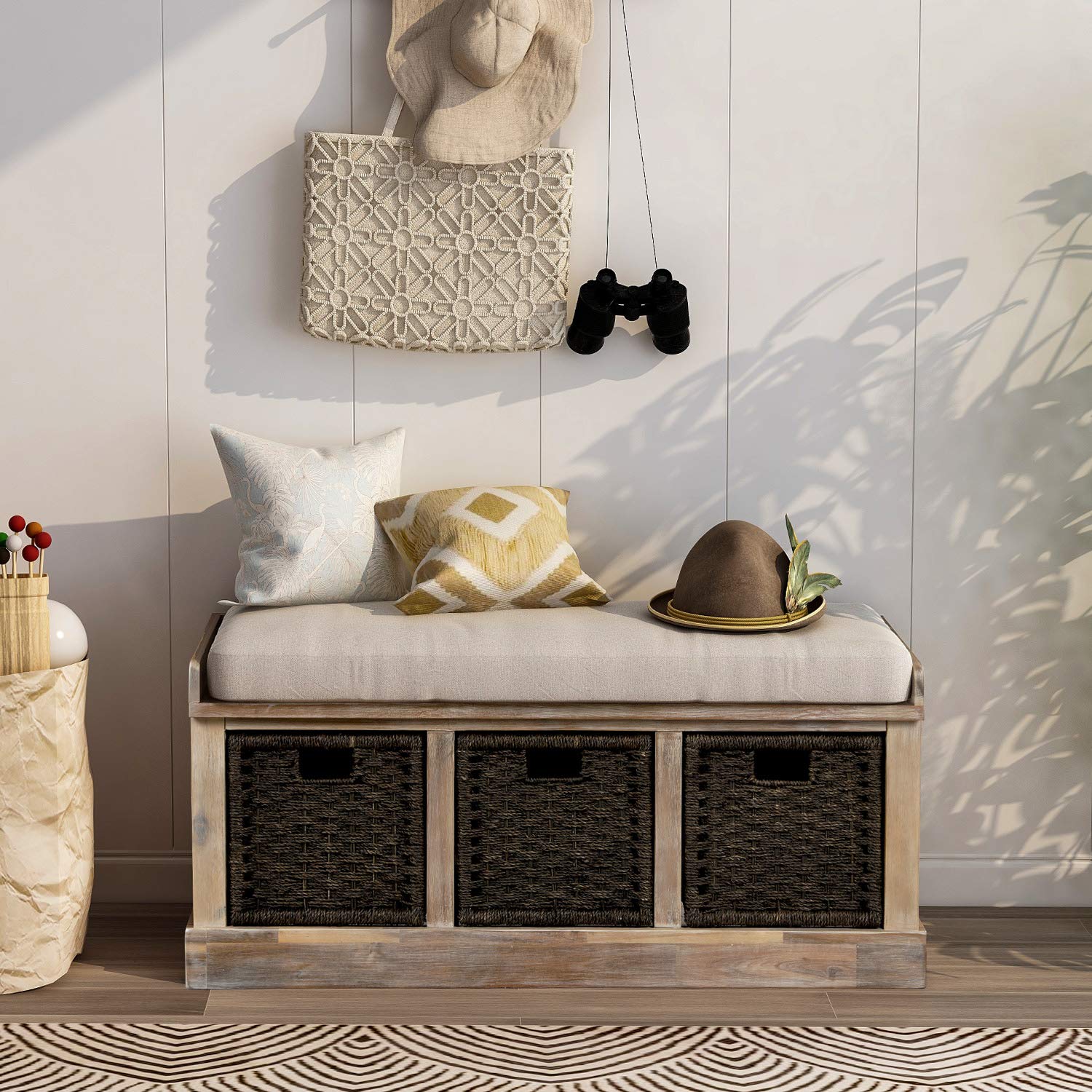 Rustic Entryway Storage Bench with 3 Removable Rattan Baskets & Cushion - No Assembly Required White Washed - Perfect for Hallway, Living Room & Bedroom Organization