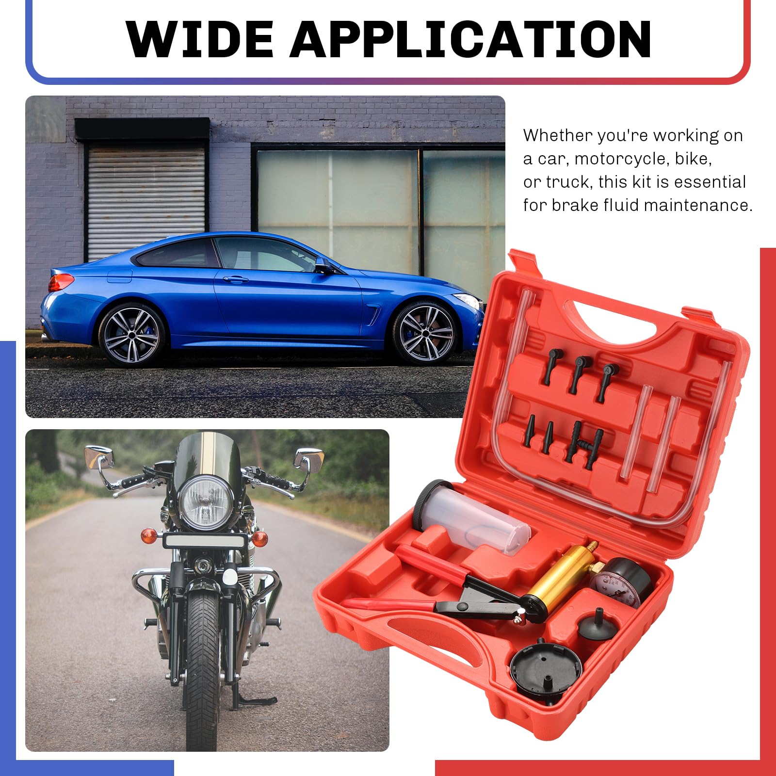 2-in-1 Brake Bleeder & Vacuum Pump Kit - Professional Handheld Tool for Brake & Clutch Maintenance with Pressure Gauge, Adapters & Storage Case (Red) | Perfect for Car, Motorcycle & DIY Auto Repair at Home or Garage