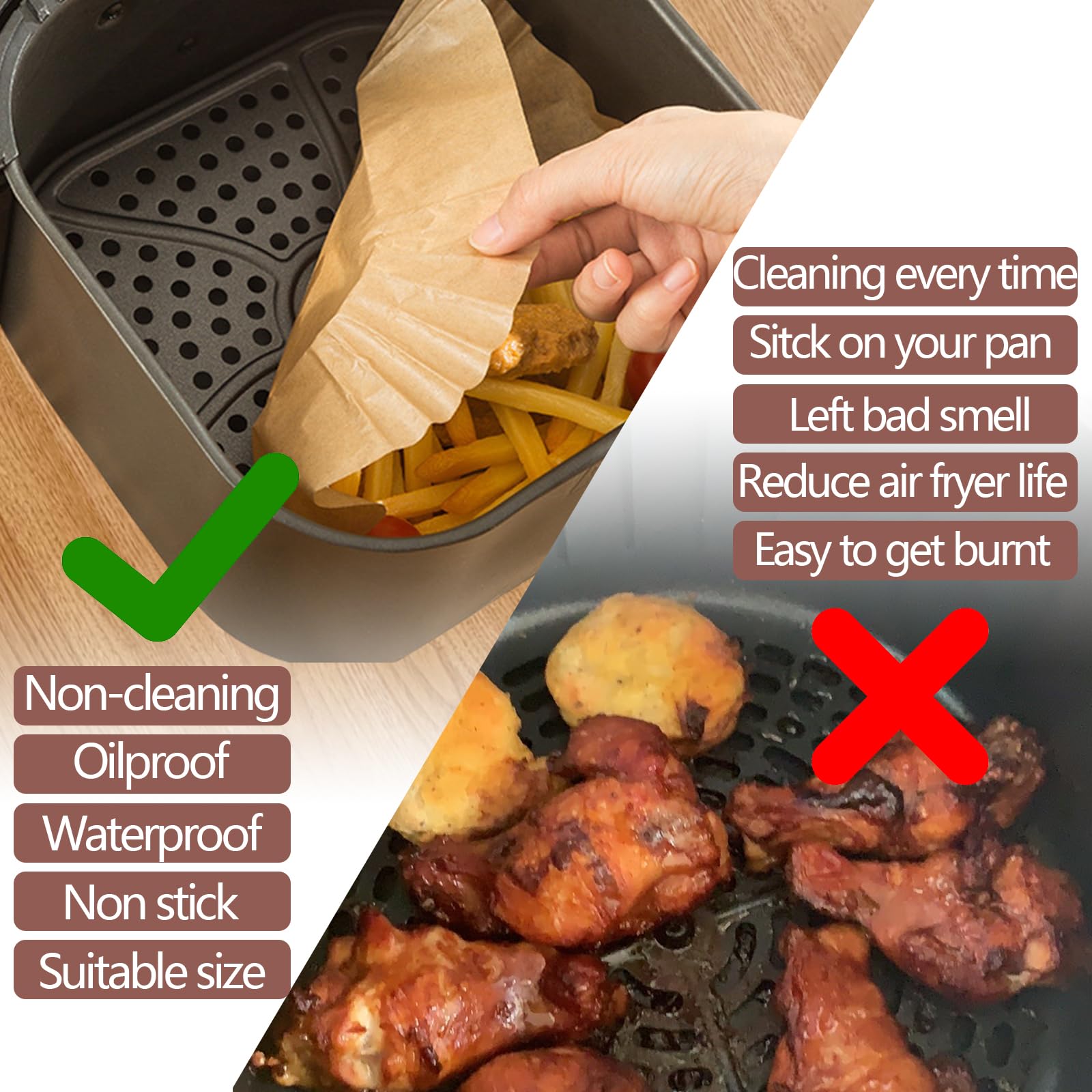 UBeesize 10-Inch Air Fryer Paper Liners - 100 PCS Non-Stick Parchment Sheets for Air Fryers & Microwave Safe - Bleach-Free Square Basket Liners (9-Inch Bottom) - Perfect for Quick Meals, Healthy Cooking & Easy Cleanup