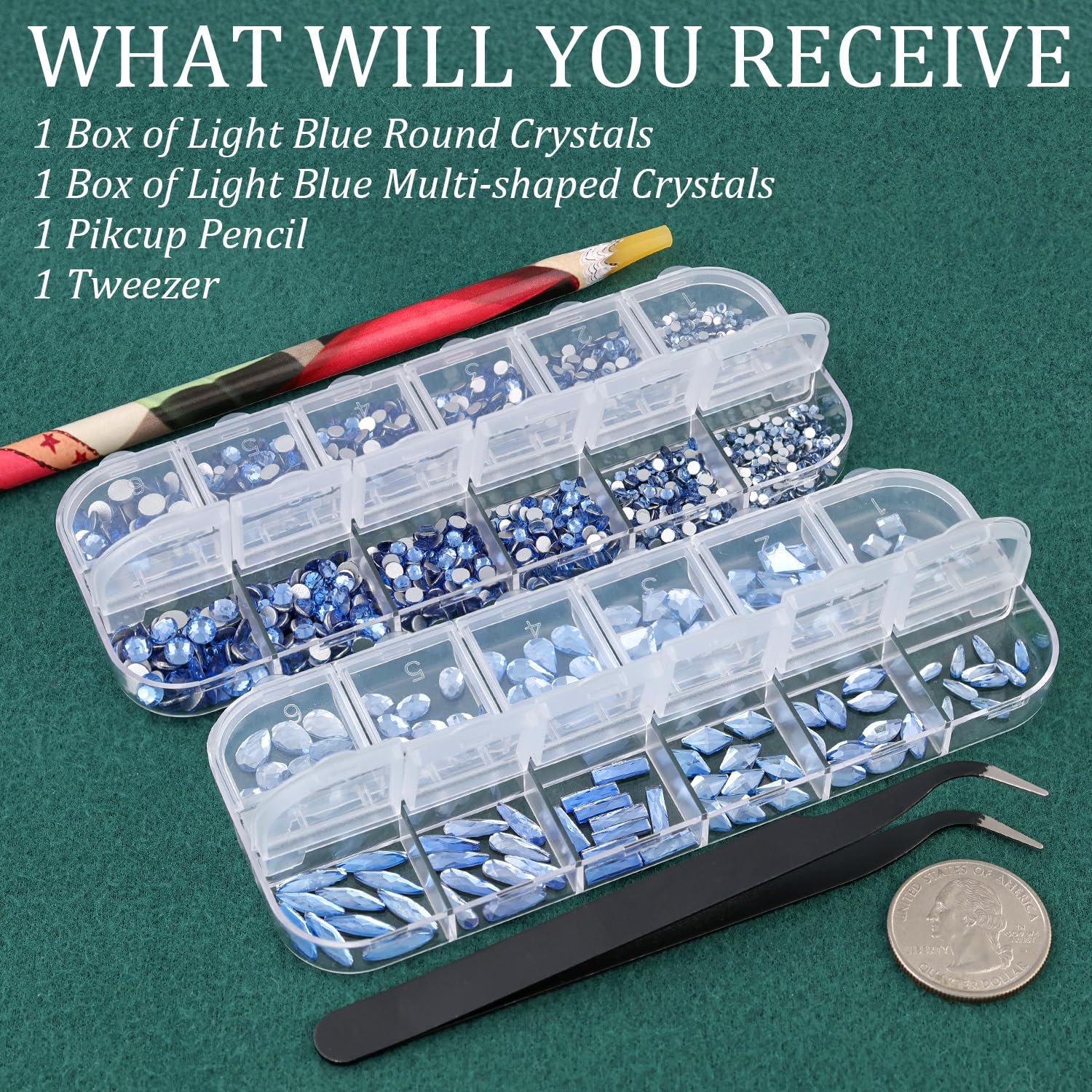 3D Glass Crystal Nail Art Rhinestones Kit - Multi Shapes Light Blue Flatback Gems with Pickup Pen & Tweezer for Manicure, DIY Crafts, Jewelry Making - Perfect for Home Salon, Party Nail Designs & Gift Giving