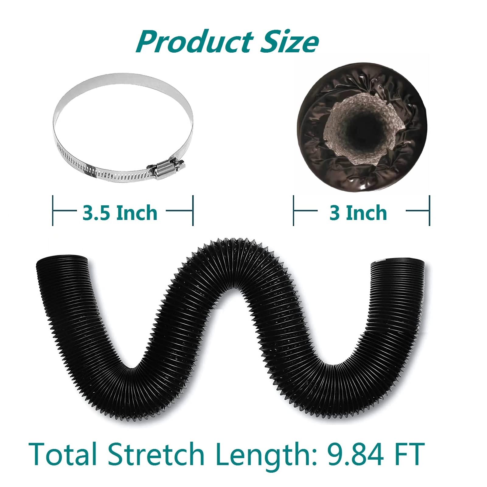 3 Inch Heavy-Duty Flexible PVC Dryer Vent Hose - 9.84 Feet Adjustable 4-Layer Air Duct with 2 Screw Clamps for HVAC Ventilation (Black) | Perfect for Laundry Room, Basement & Home Ventilation Systems