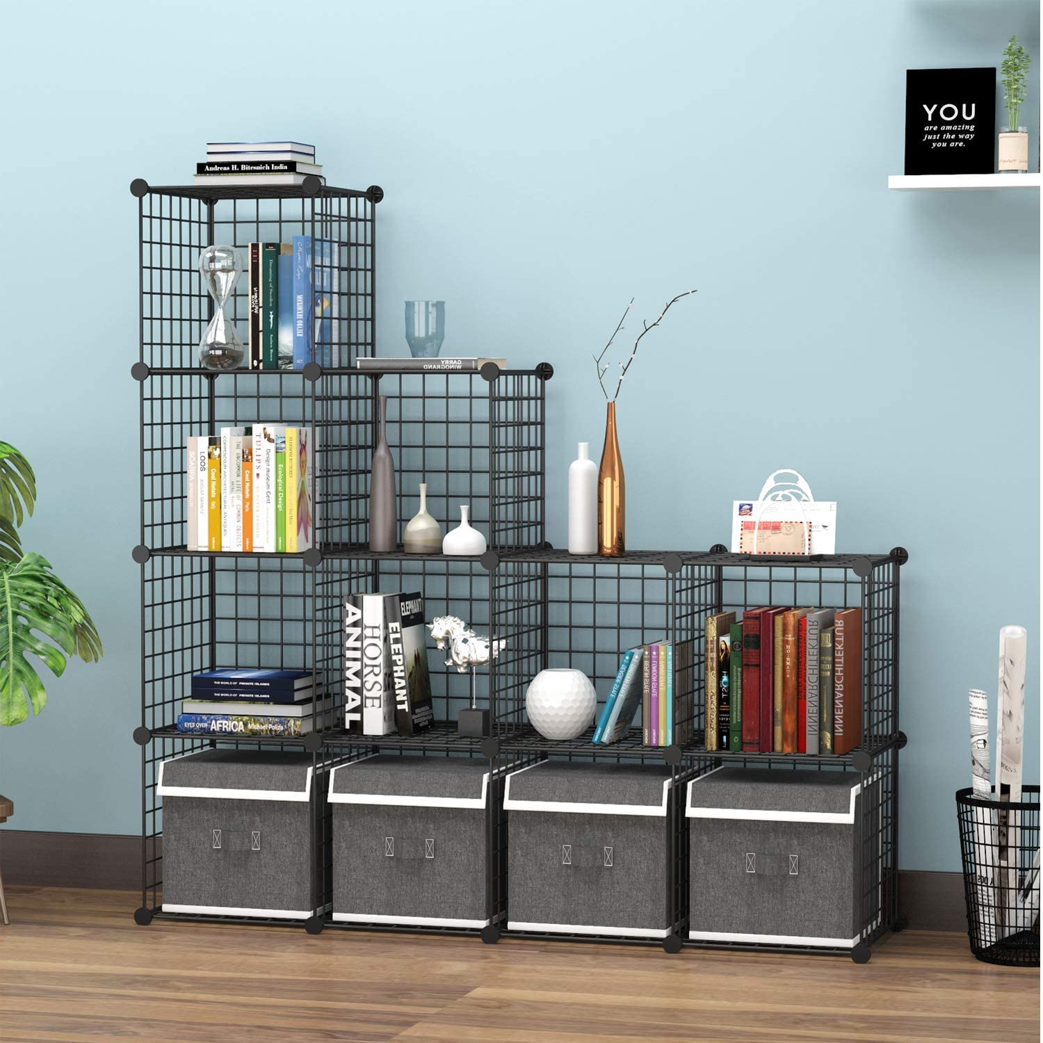 C&AHOME 12-Cube Wire Storage Organizer - Metal Grid Shelving Unit, Modular Bookshelf & Closet Cabinet for Bedroom, Office - 36.6”L x 12.4”W x 48.4”H Black | Perfect for Organizing Clothes, Toys, Books & Home Decor