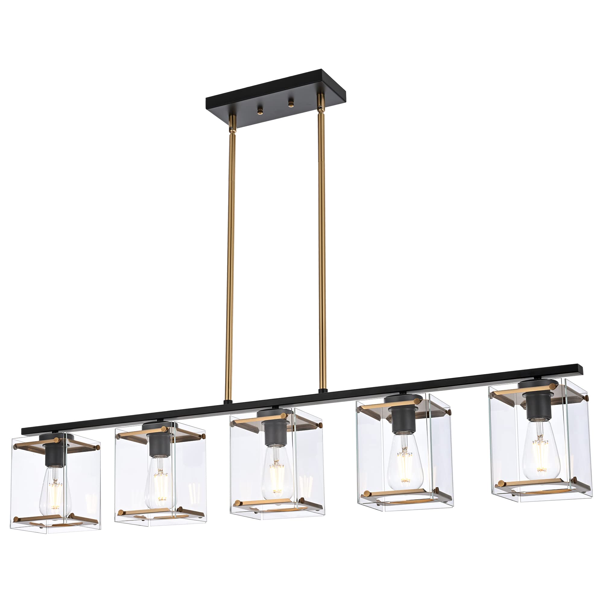 MELUCEE 5-Light Modern Linear Chandelier - Black and Brass Rectangular Pendant Light with Clear Glass Shades for Kitchen Island, Dining Room, Living Room | Perfect for Contemporary Home Decor and Open Concept Spaces