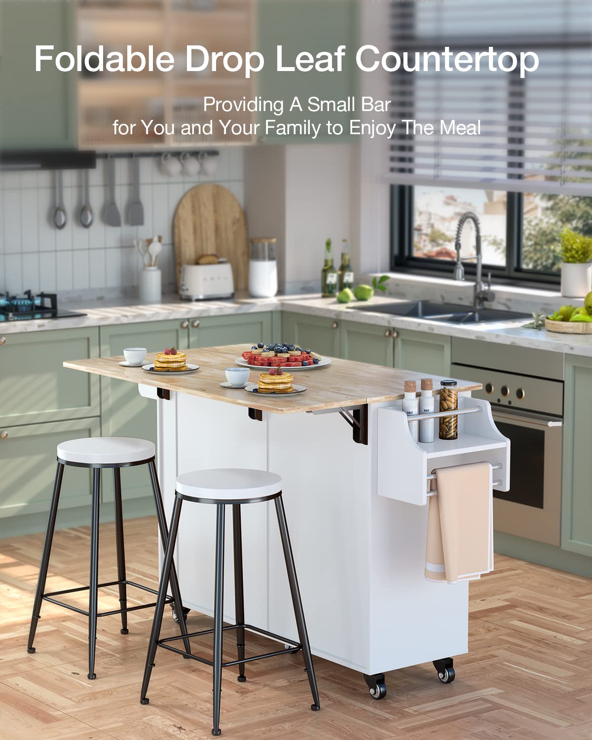 Rolling Kitchen Island Cart with Natural Rubber Wood Top - Mobile Kitchen Cart with Double Storage Cabinets & Drawers - White Kitchen Workstation for Small Spaces & Apartment Cooking