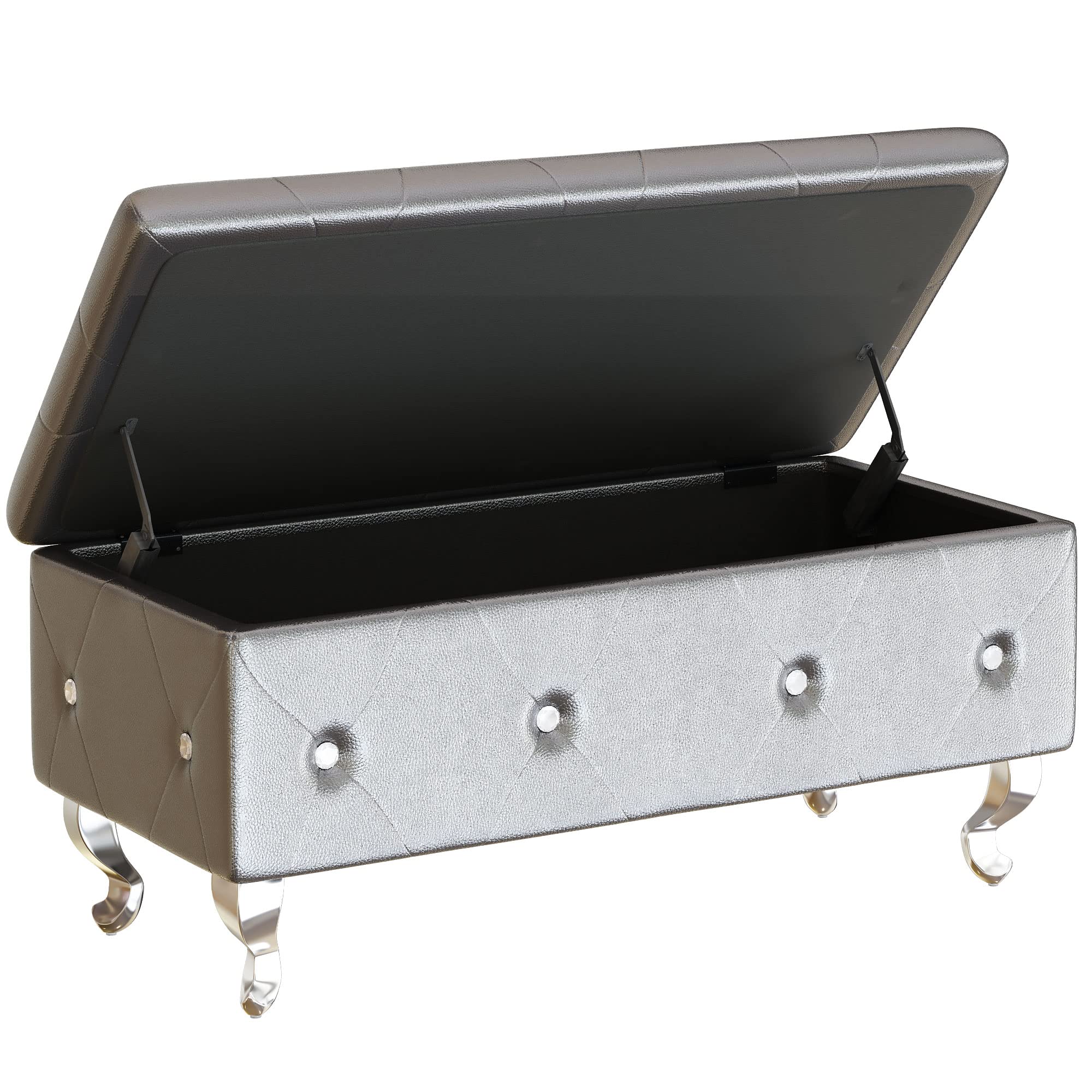 PU Upholstered Storage Bench with Flip Top & Safety Hinge - Silver Ottoman Chest Seat for Entryway, Living Room, Bedroom | Space-Saving Organizer for Shoes, Blankets & Home Decor