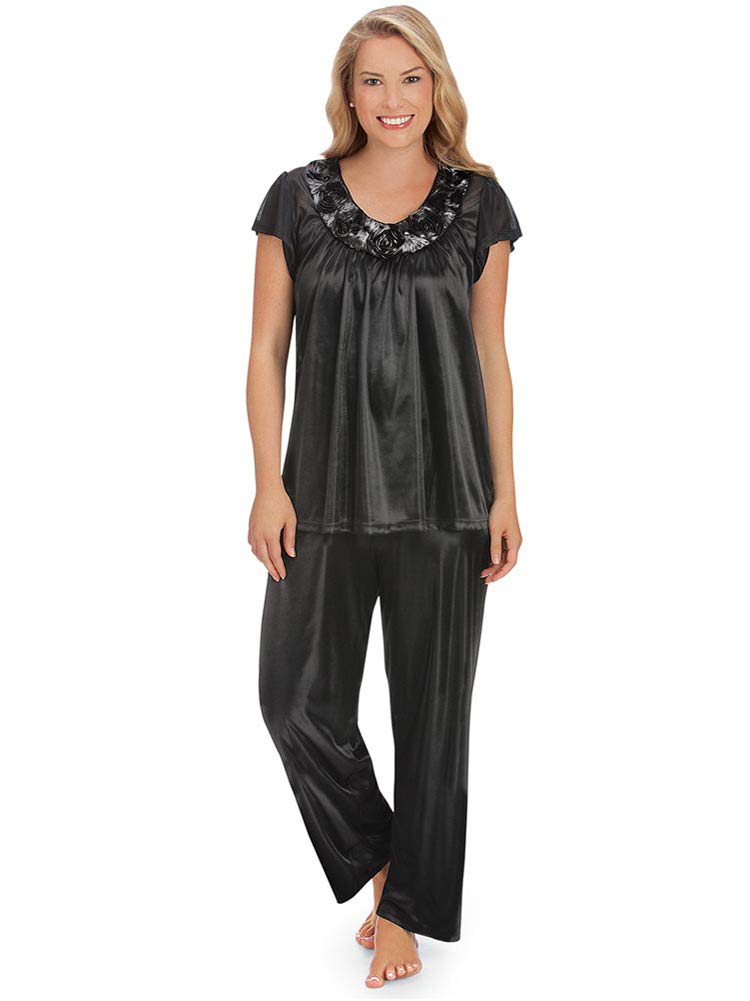 Collections Etc Women's Rose Trim Short Sleeve Pajama Set - Soft Sleepwear for Cozy Nights & Relaxing at Home