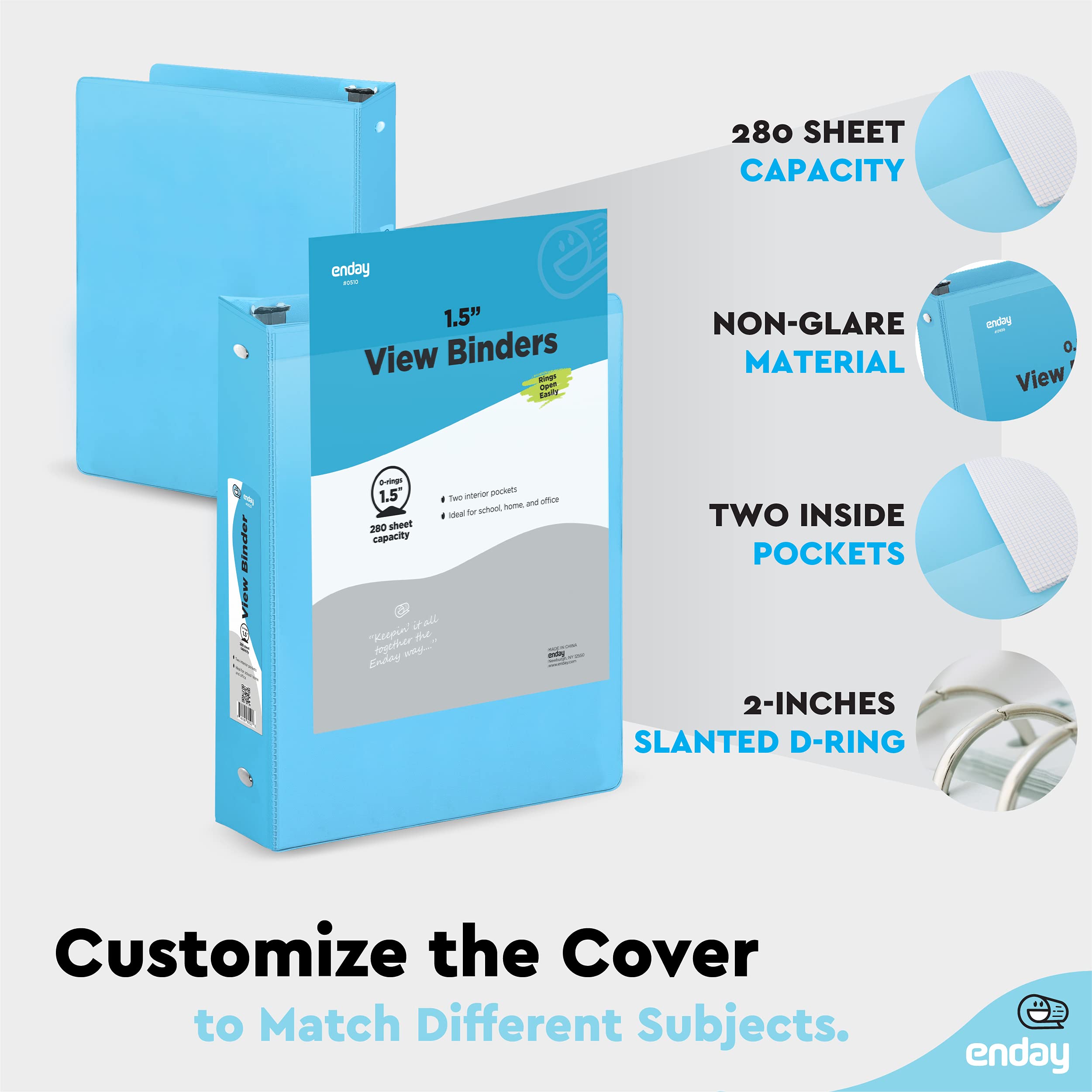 Enday 1.5 Inch Blue 3-Ring Binder with Clear View Cover & 2 Inside Pockets - Durable School & Office Supplies for Organizing Documents, Homework, Presentations - Perfect for Students, Teachers & Professionals