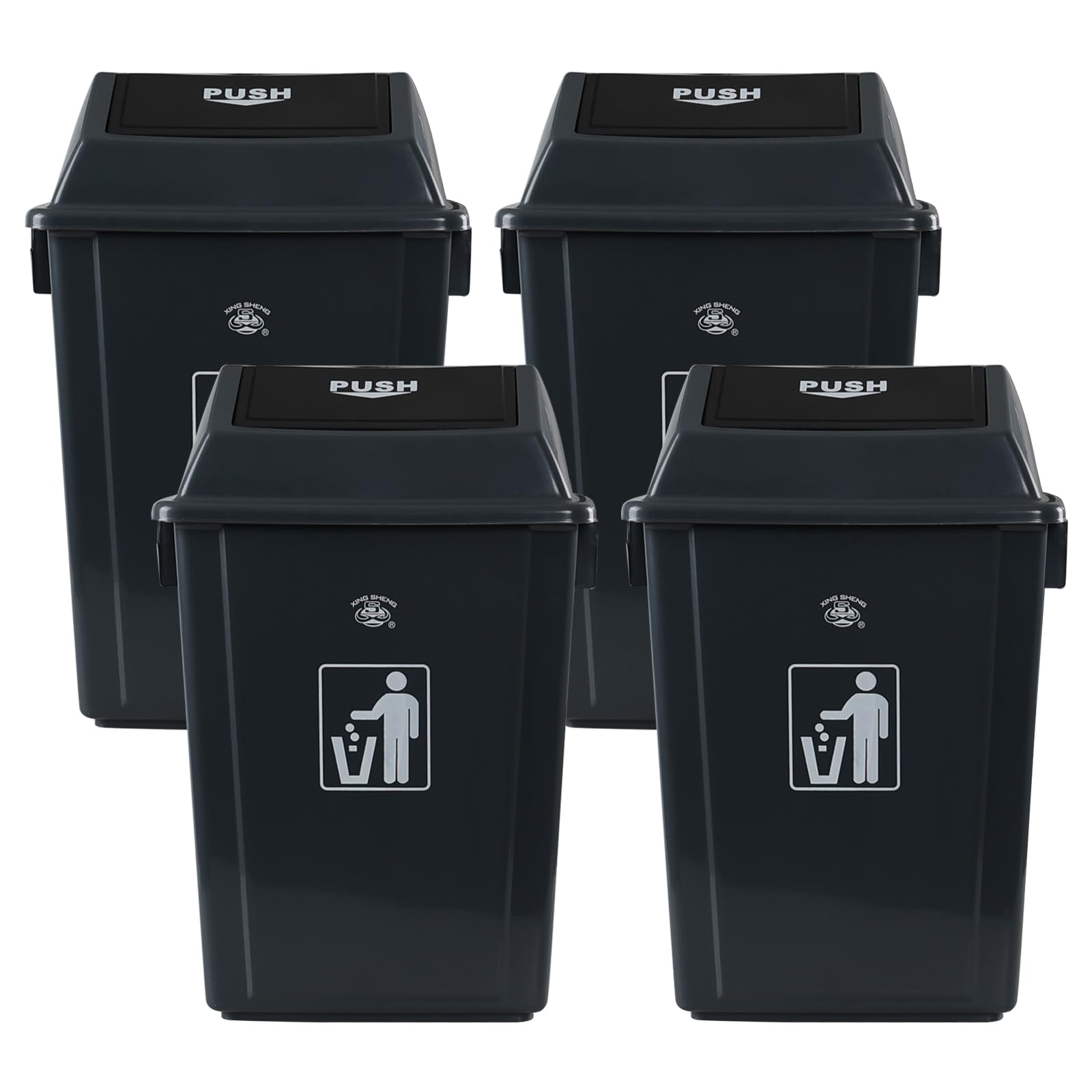 18 Gallon Plastic Trash Can with Swing Lid - 4-Pack Large Kitchen Garbage Bin with Swing-Top Lid, Grey - Perfect for Home, Office, Restaurant & Commercial Use